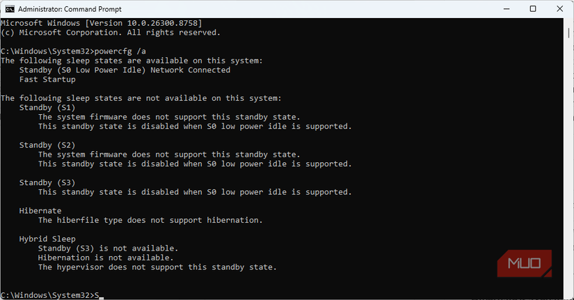 Command Prompt listing of Fast Startup (on) and Hibernate (off)