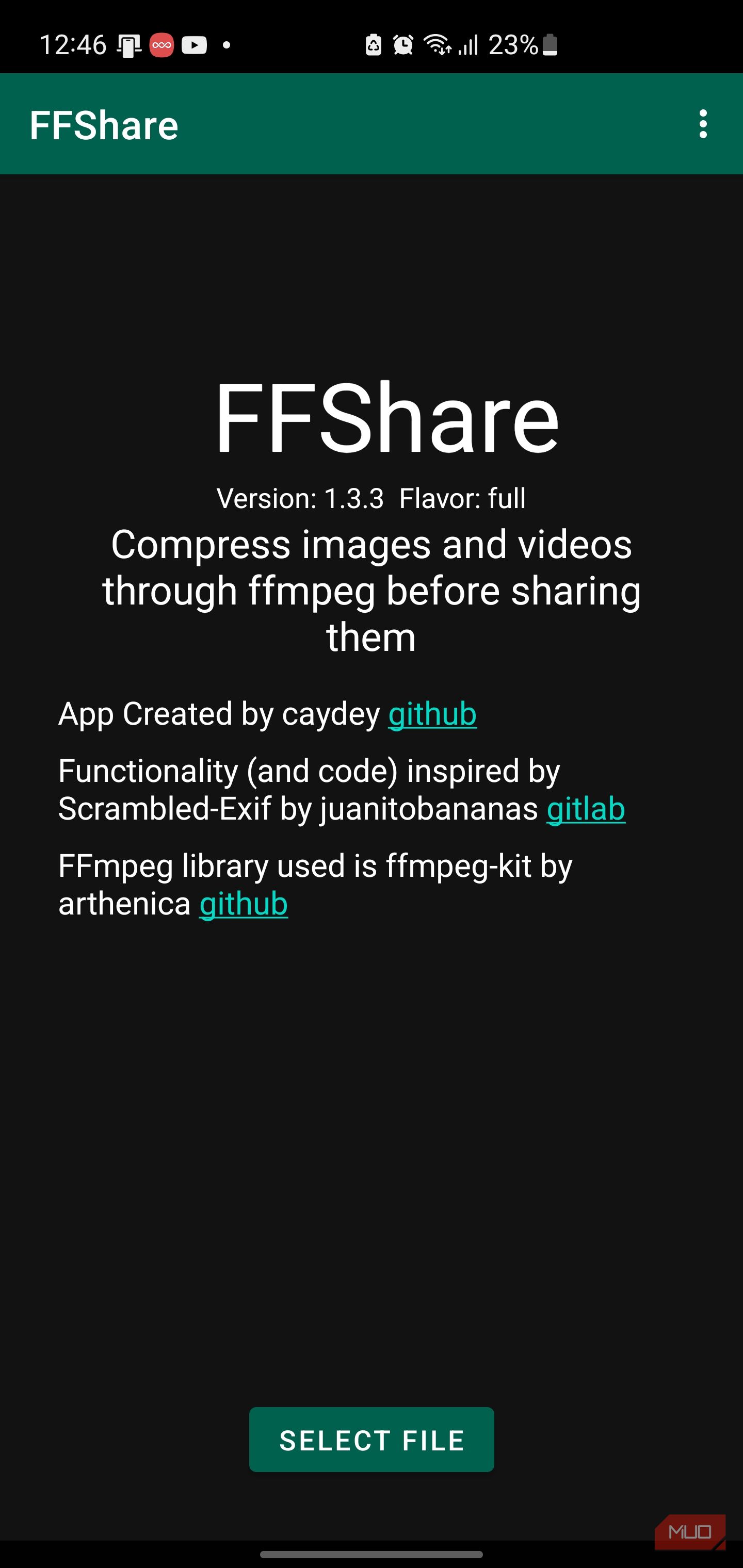 FFShare app about screen with select file button