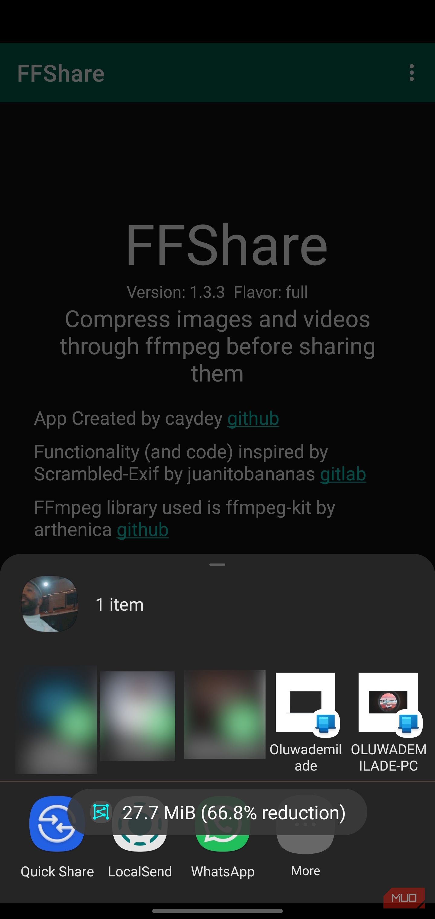 FFShare app sharing interface with file size reduction details