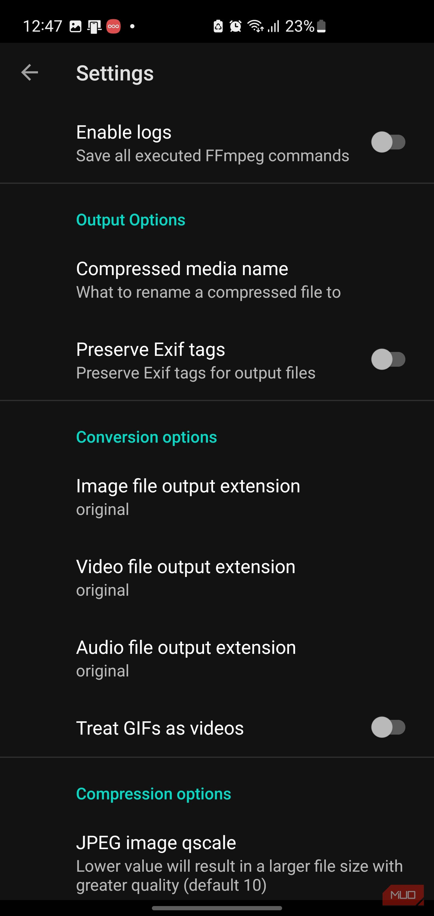 FFShare settings menu with output and conversion options