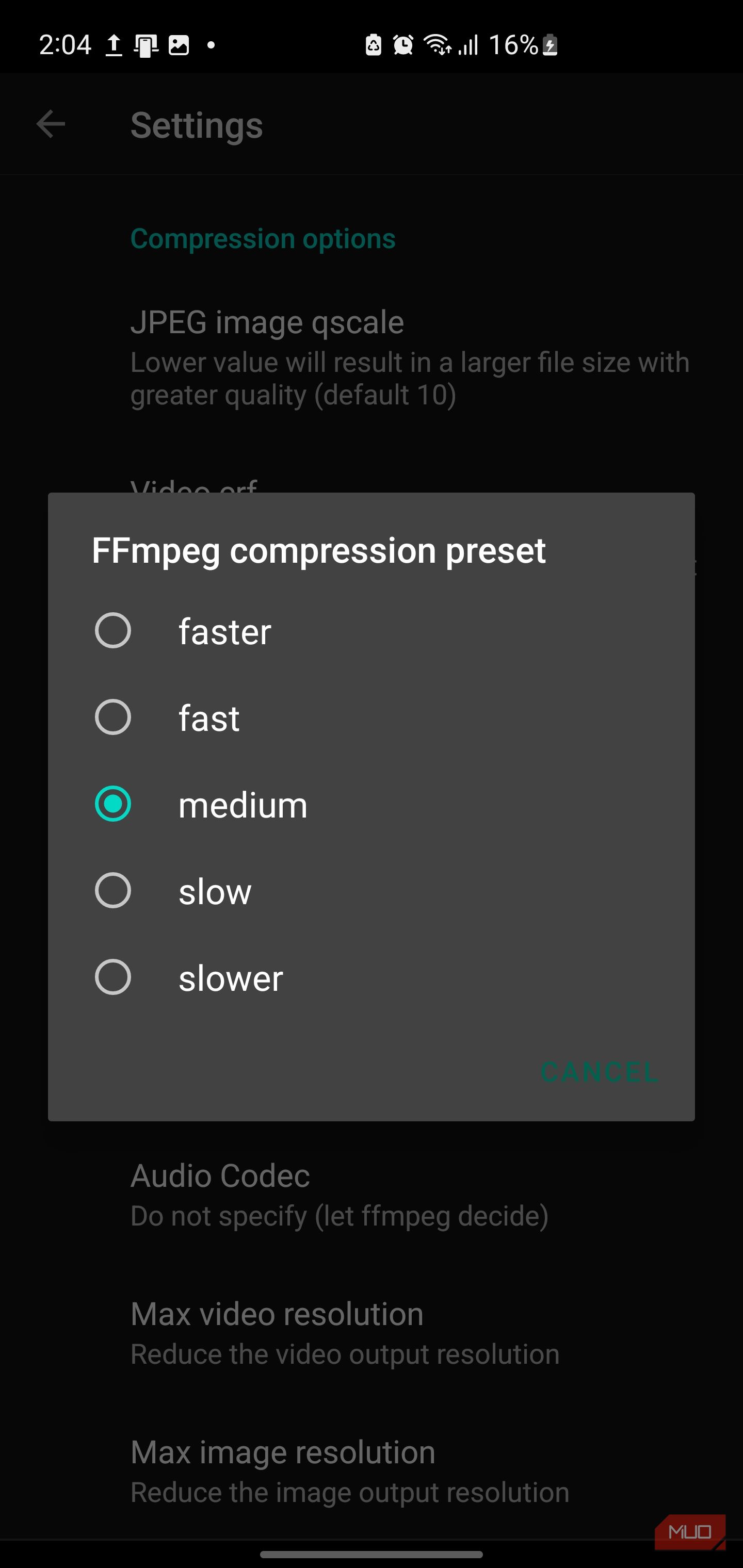 FFShare settings with Ffmpeg compression preset dialog