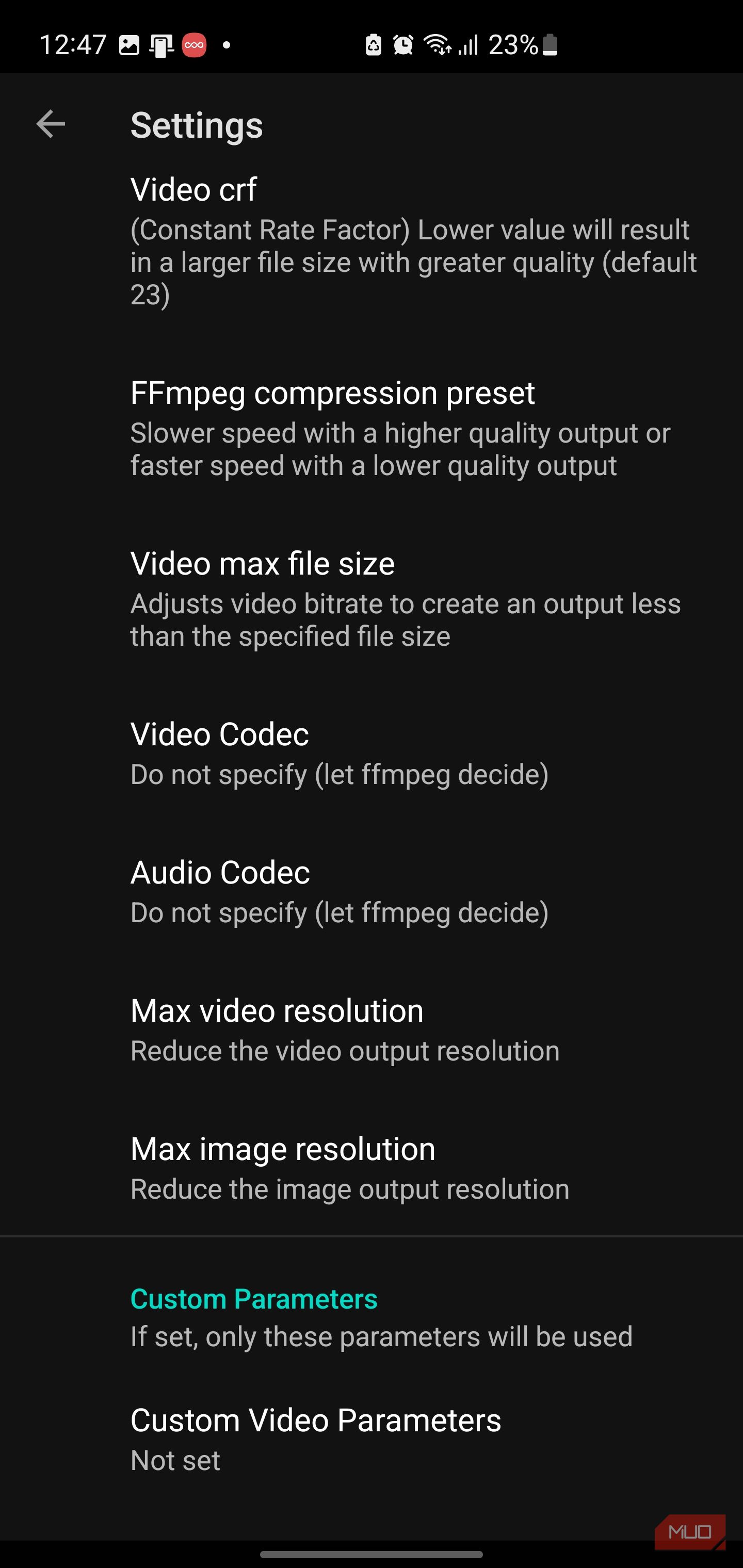 FFShare Video and audio encoder settings menu