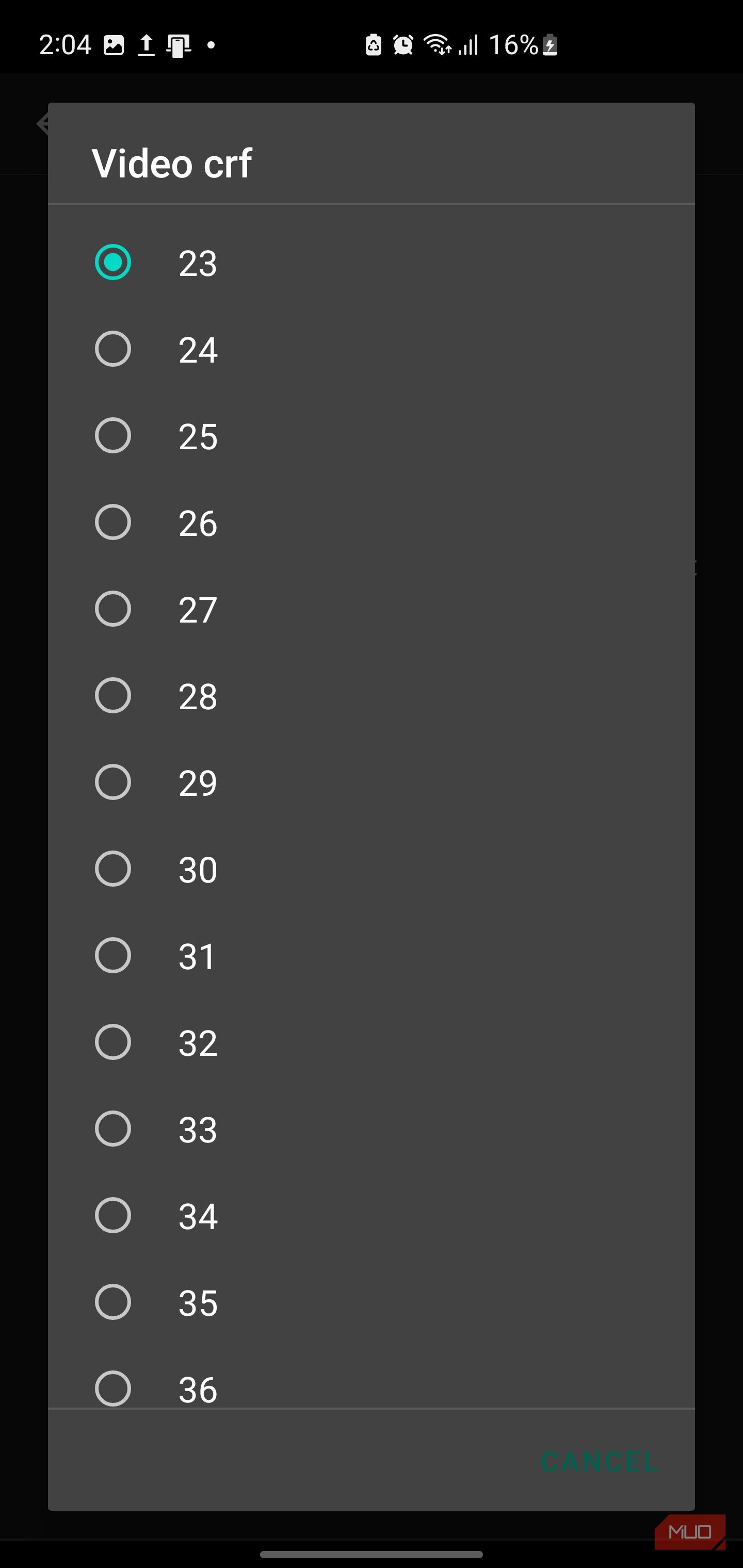 FFShare Video crf settings menu.