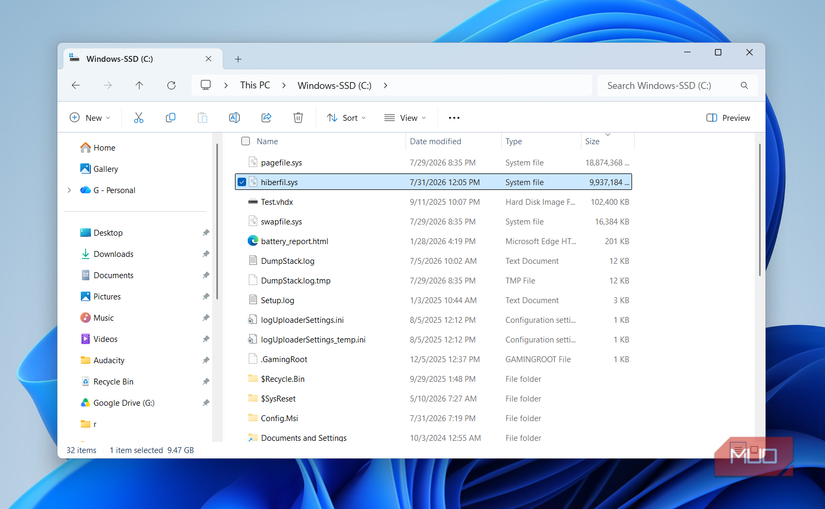 File Explorer showing hibernation file