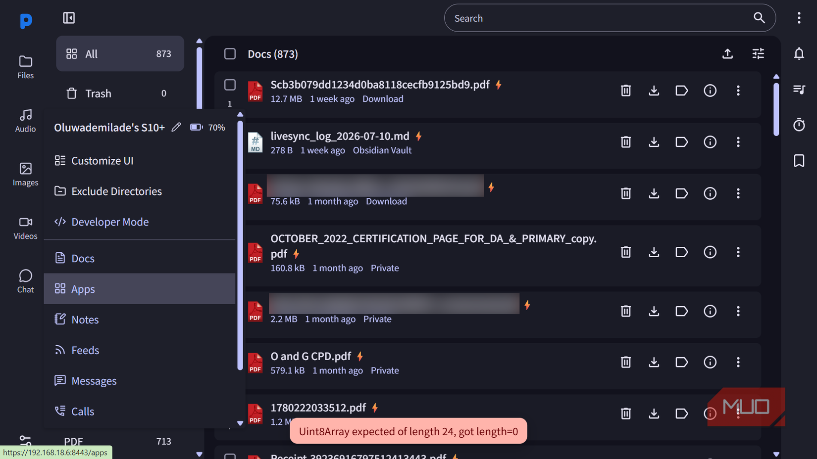 File management application interface with documents