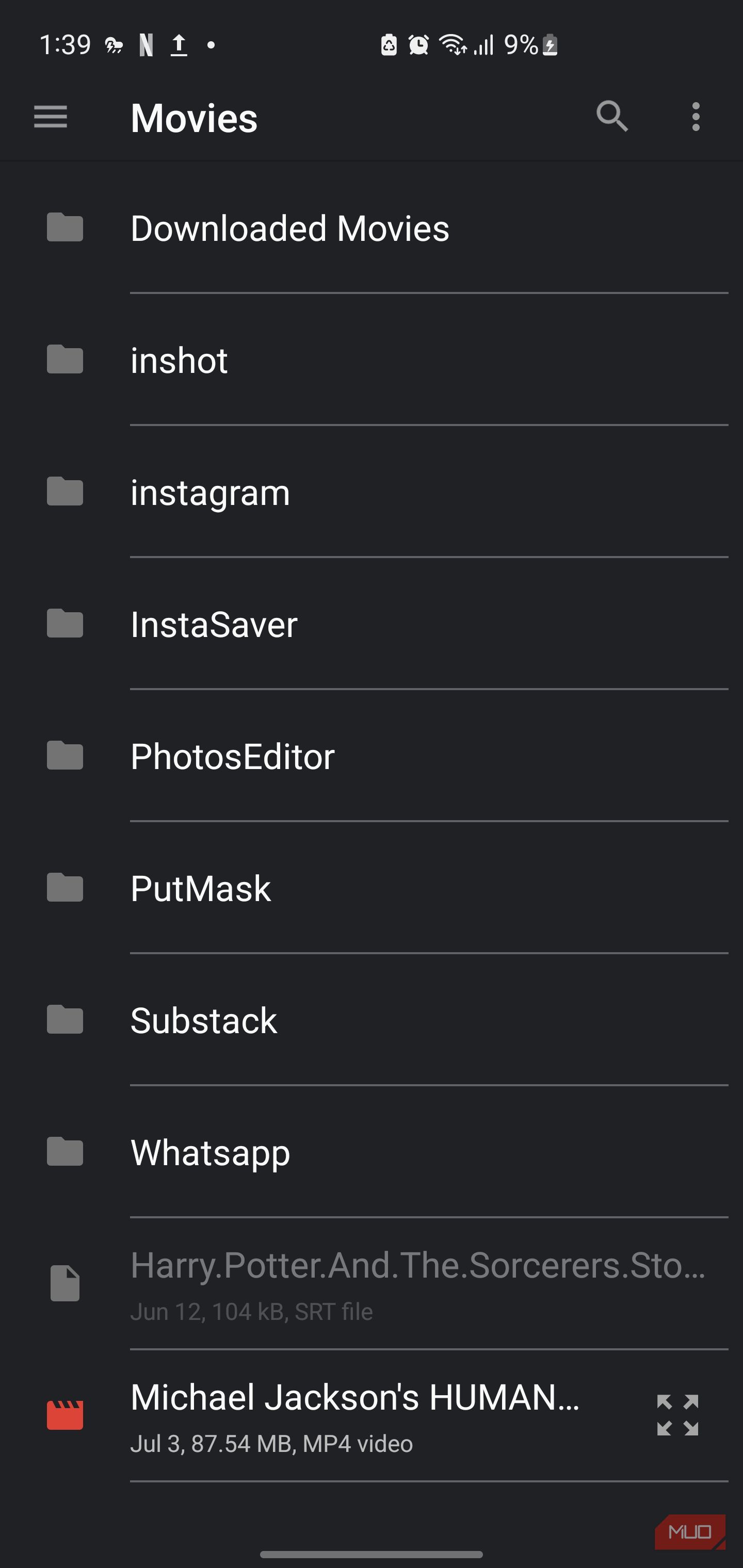 File manager app showing Movies folder contents