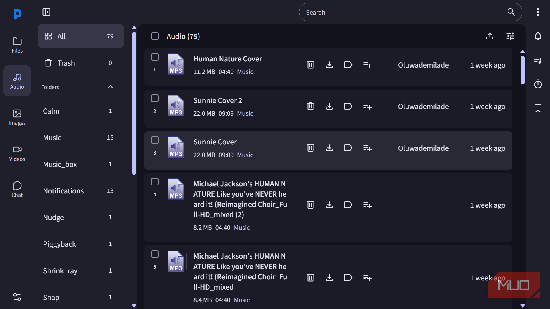 File manager interface showing audio files