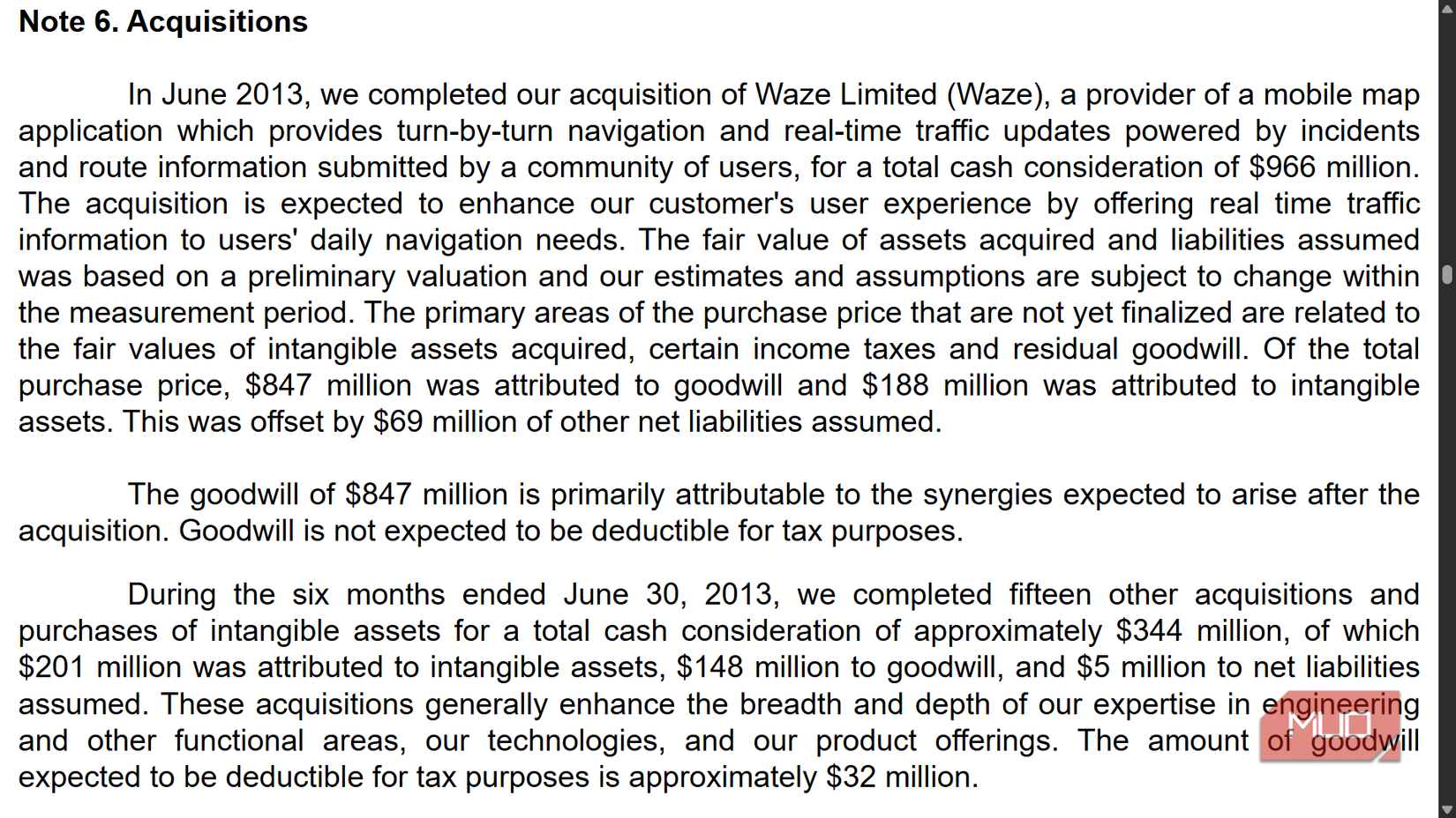 Financial disclosure note regarding Google acquisition of Waze.