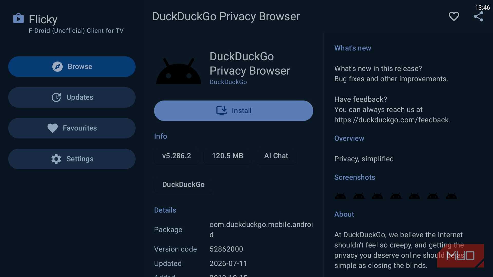 Flicky app showing DuckDuckGo Browser on Android TV