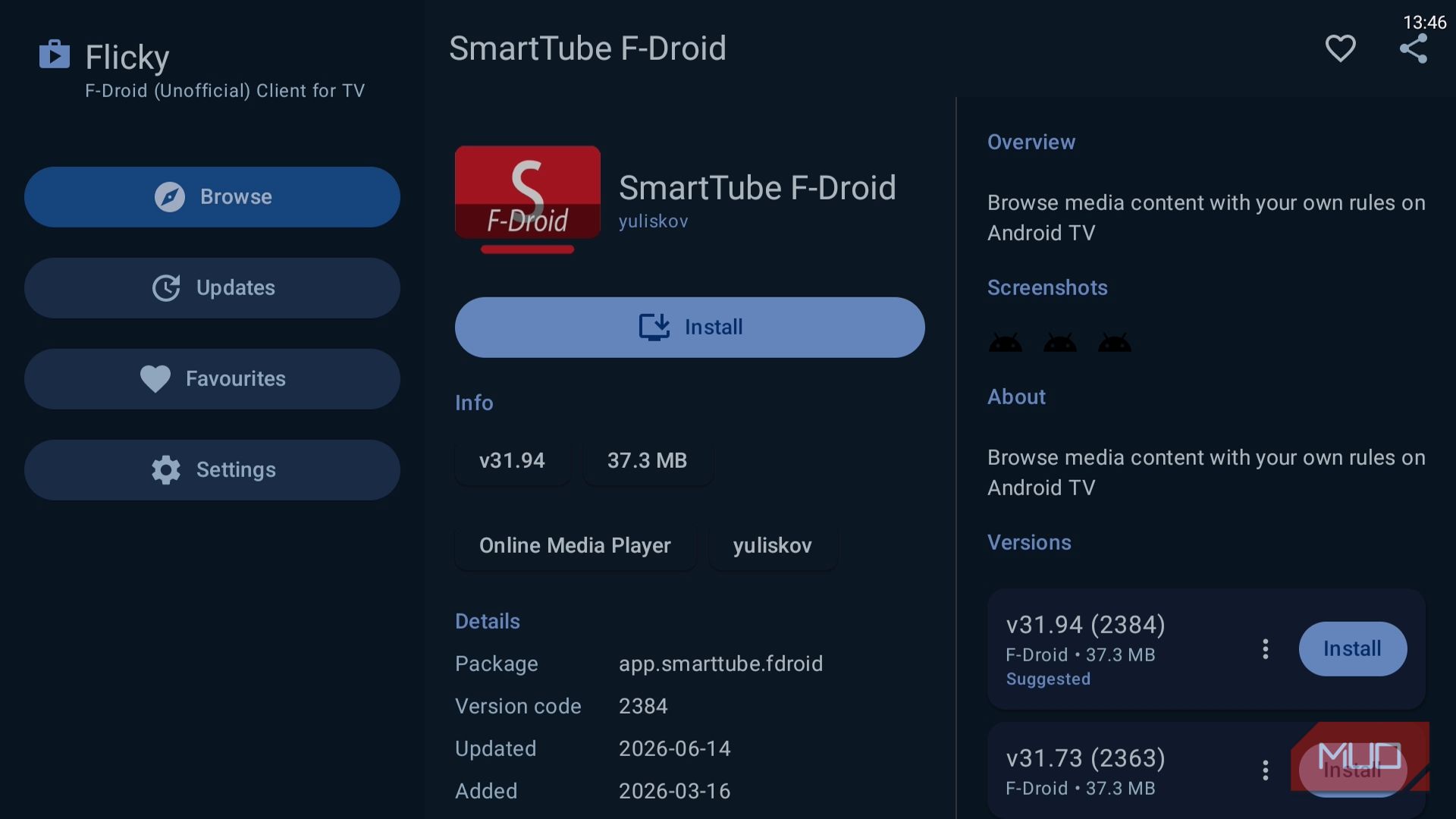 Flicky app showing SmartTube on Android TV