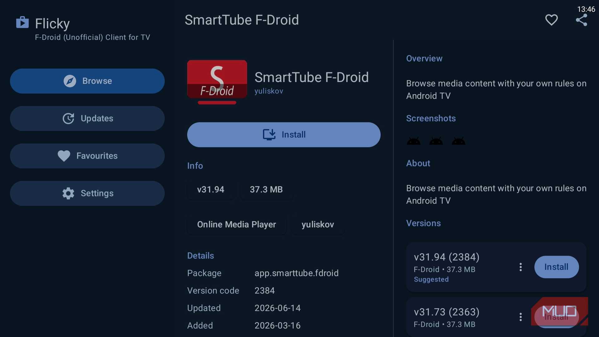 Flicky app showing SmartTube on Android TV