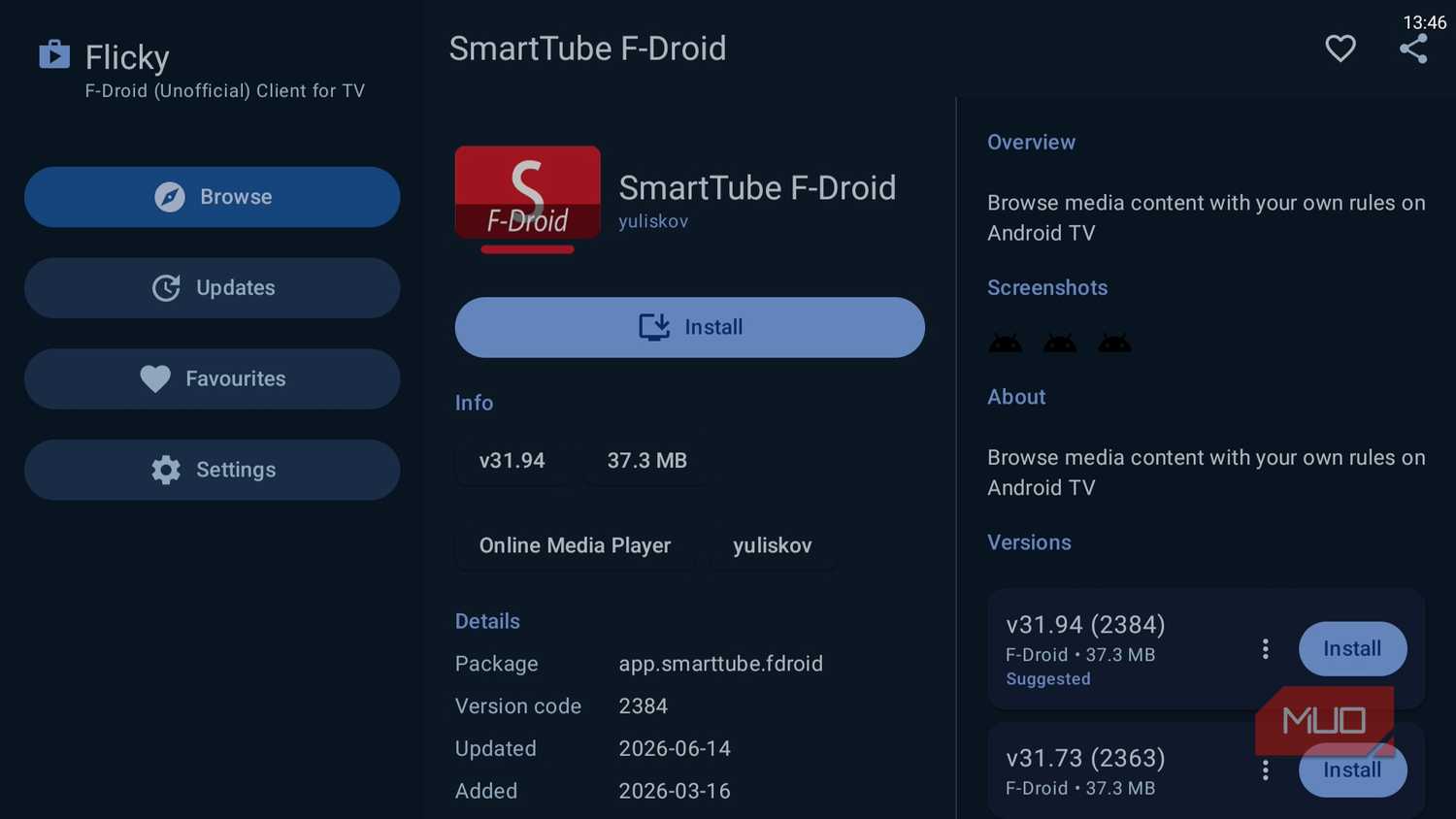 Flicky app showing SmartTube on Android TV