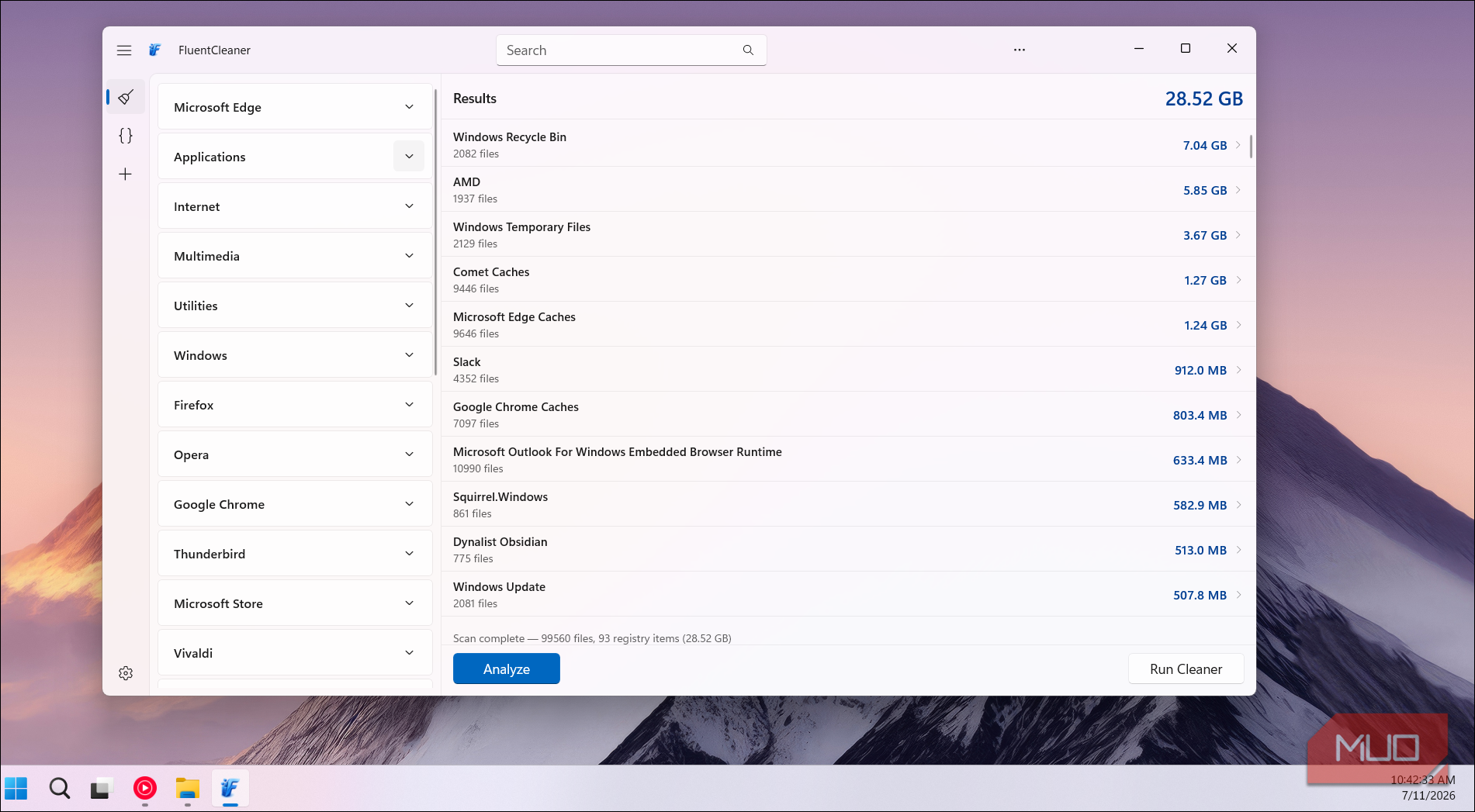 FluentCleaner category sidebar expanded