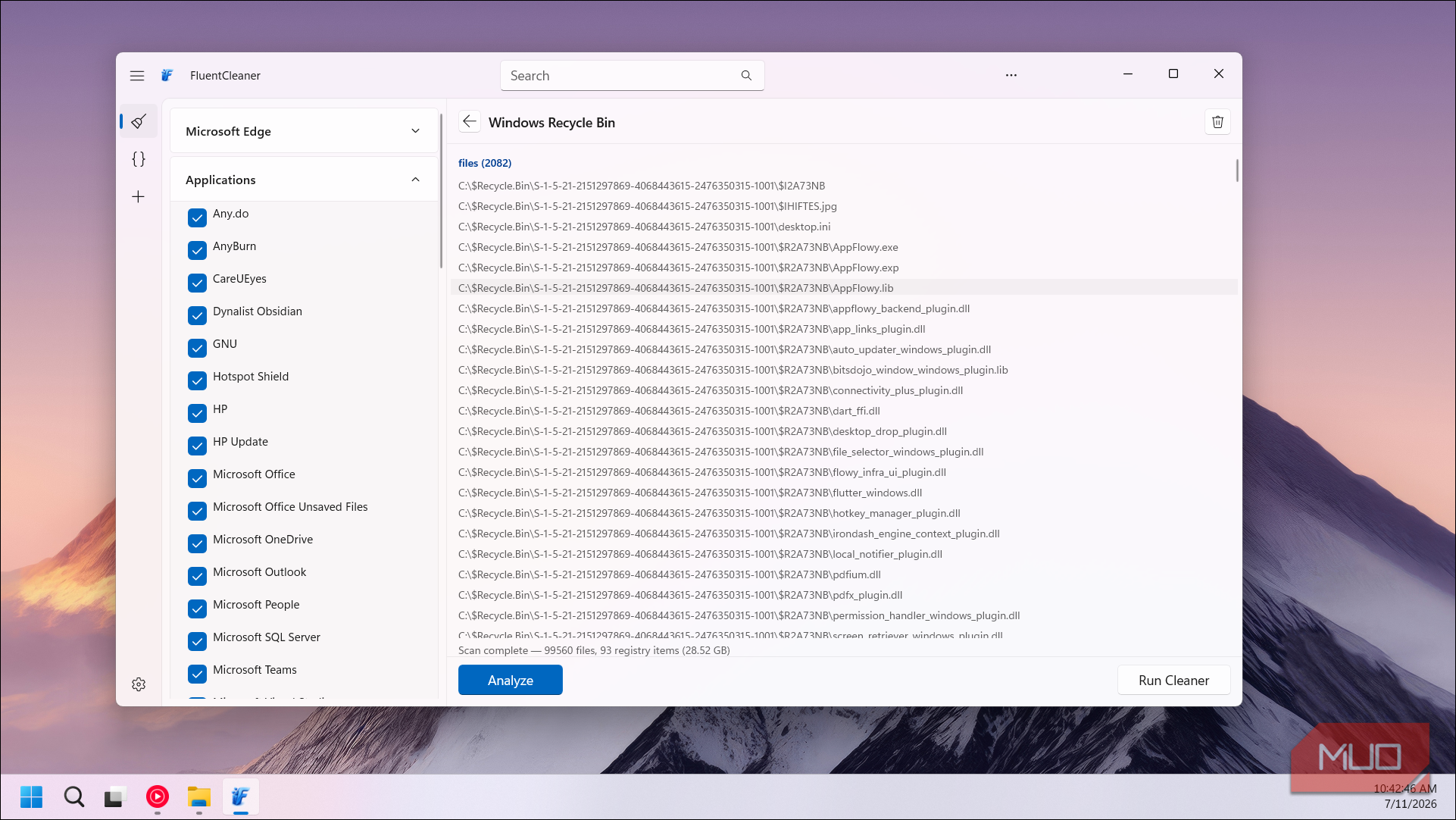 FluentCleaner Recycle Bin file list