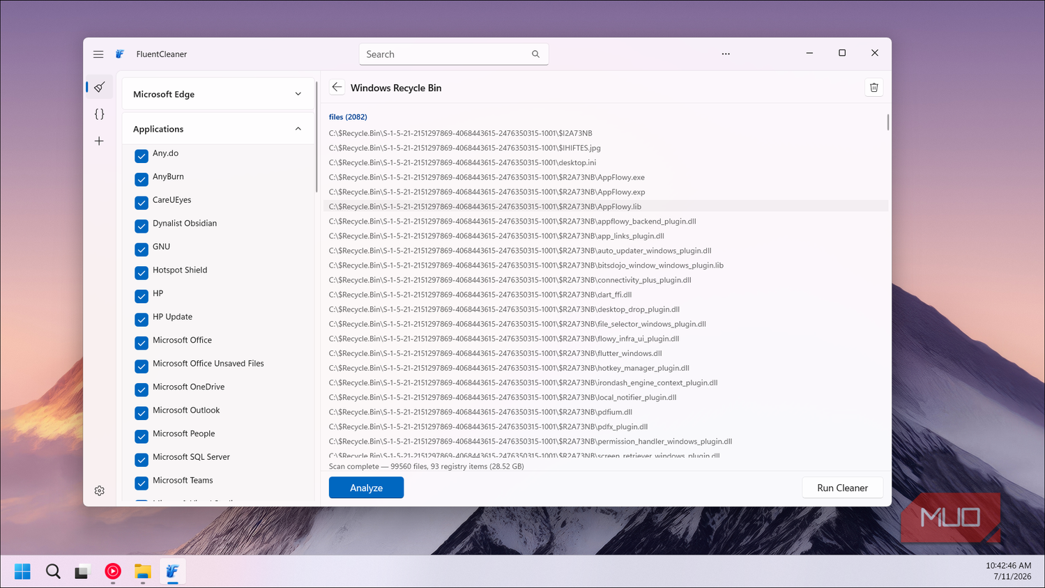 FluentCleaner Recycle Bin file list