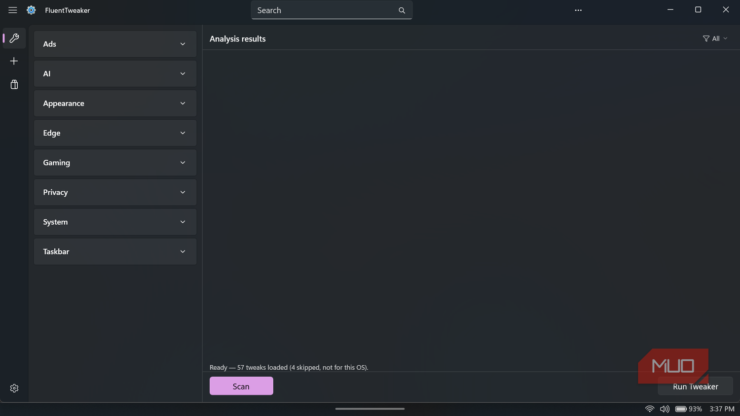 FluentTweaker app interface for Windows settings