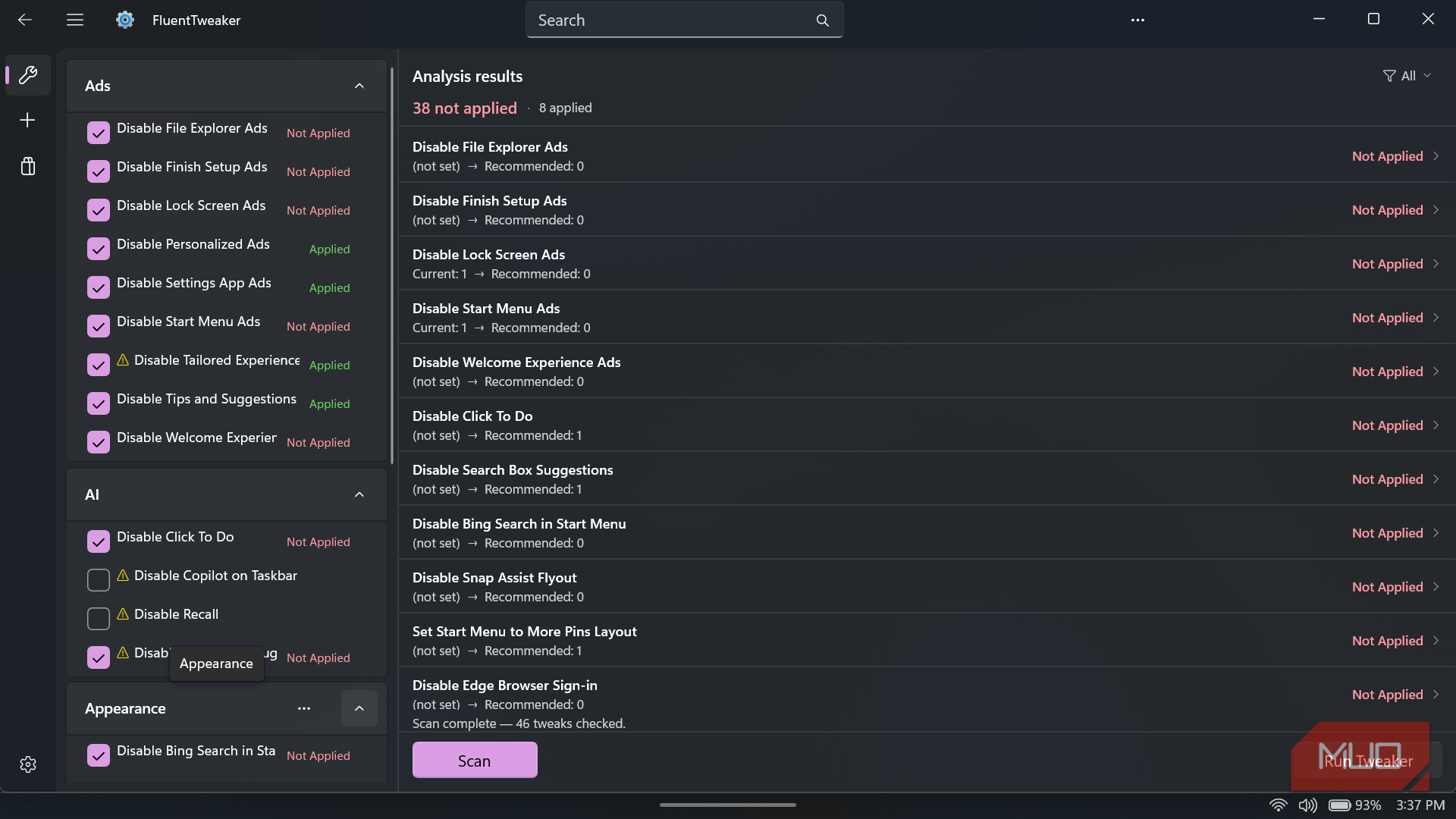 FluentTweaker app interface showing analysis results
