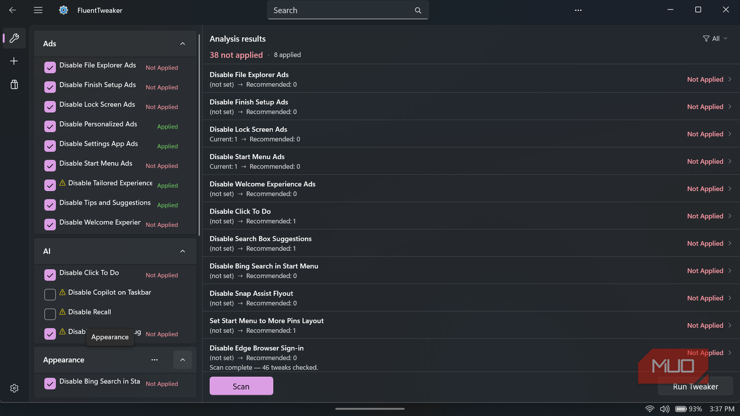 FluentTweaker app interface showing analysis results