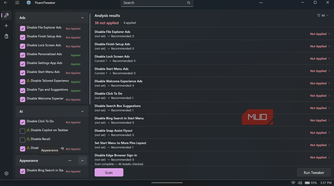 FluentTweaker app interface showing analysis results