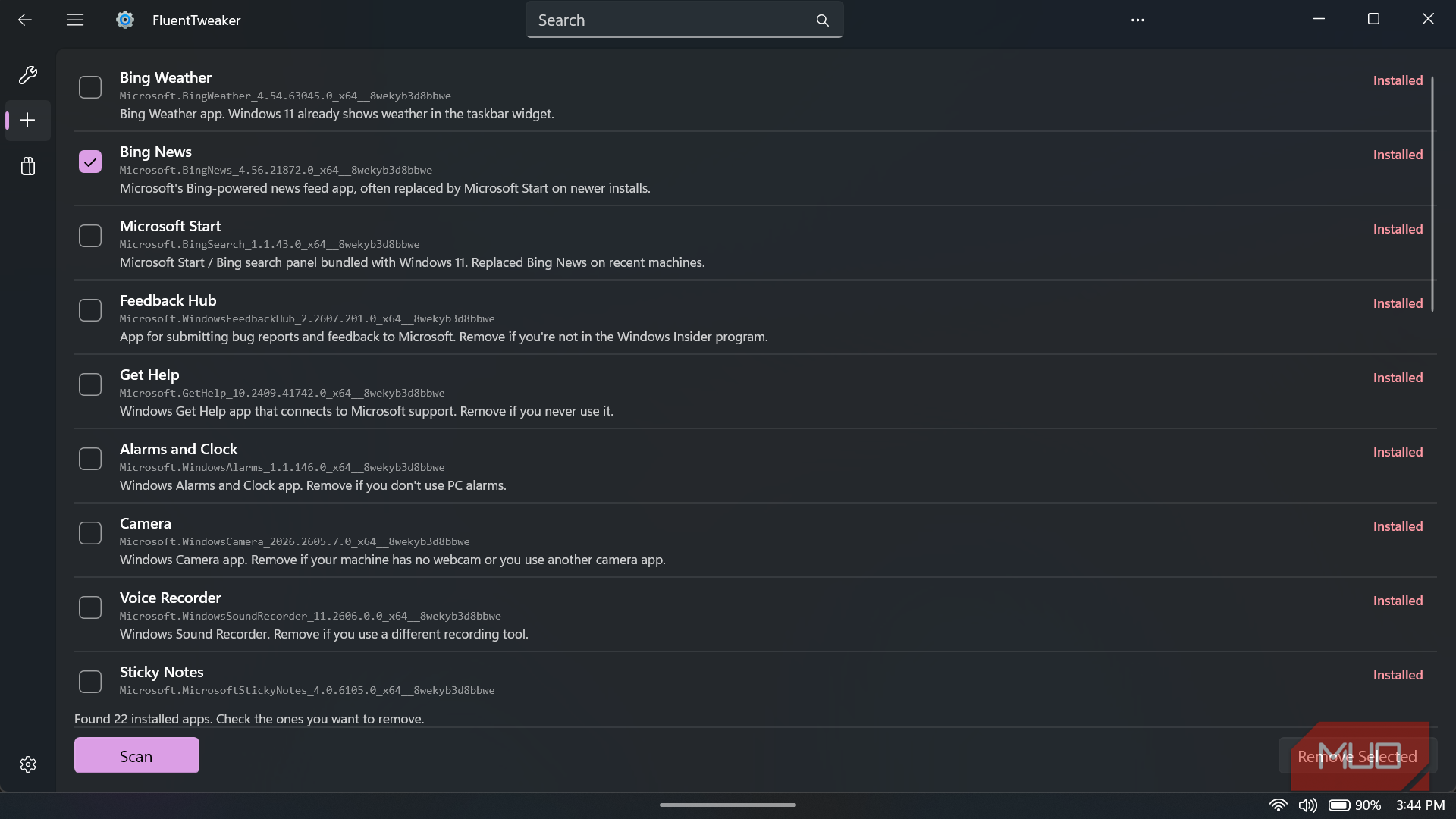 FluentTweaker app interface showing installed applications