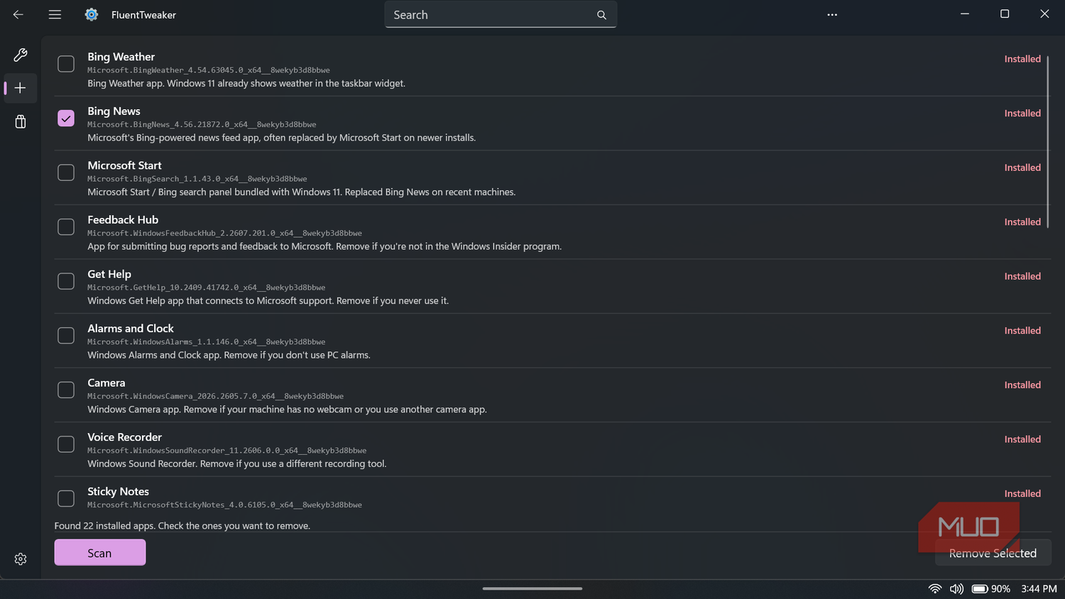 FluentTweaker app interface showing installed applications
