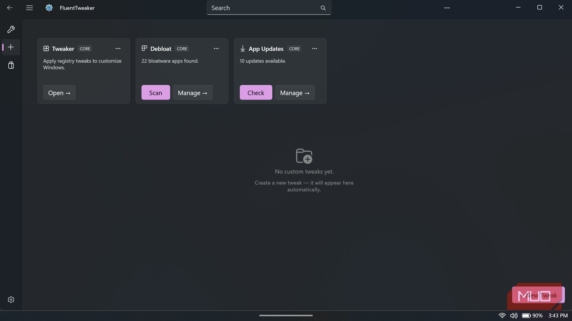 FluentTweaker app interface with dashboard