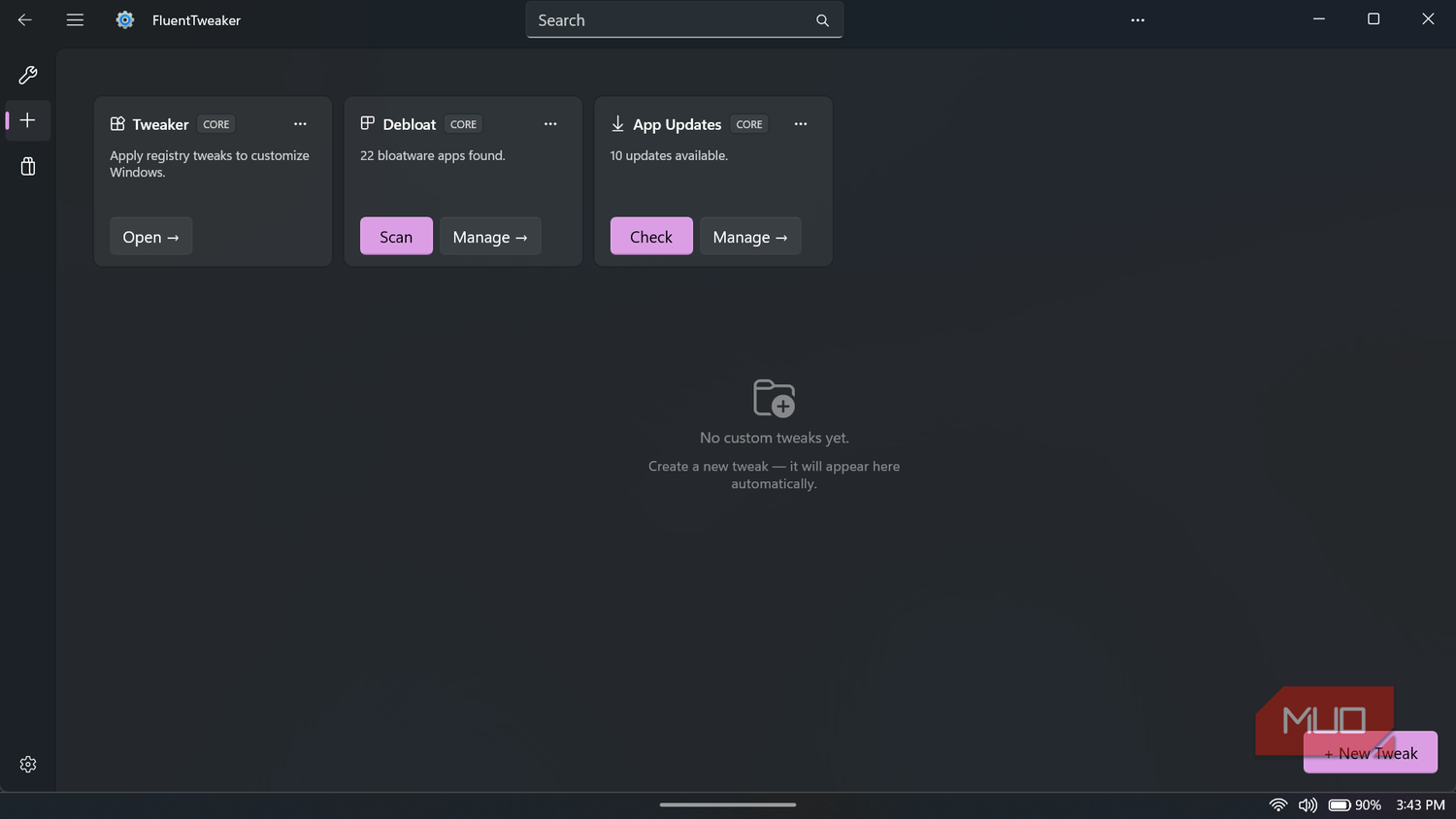FluentTweaker app interface with dashboard