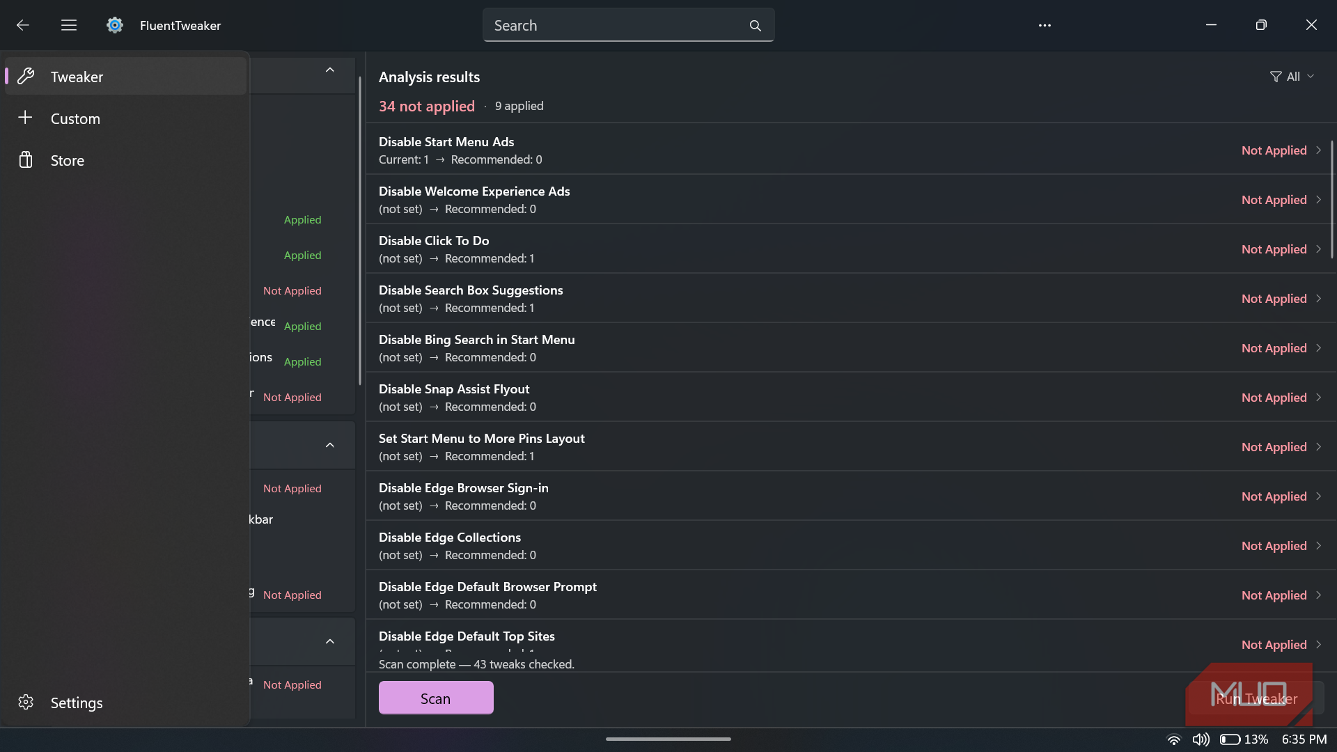 FluentTweaker app showing analysis results interface