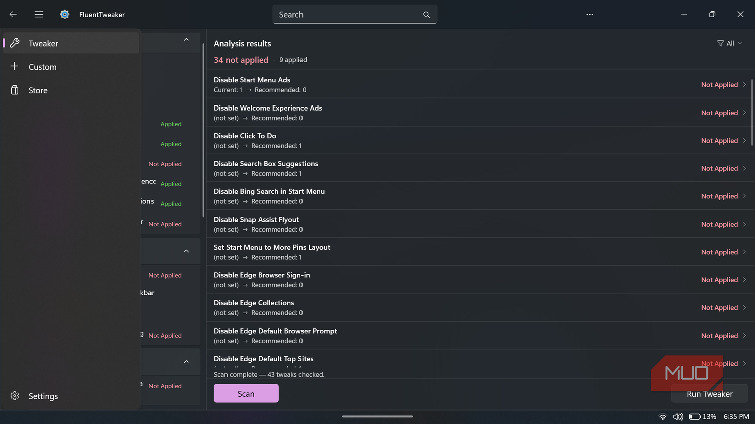 FluentTweaker app showing analysis results interface