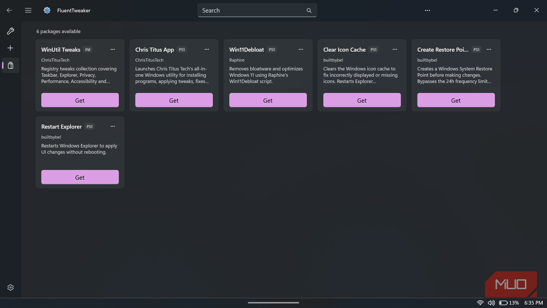 FluentTweaker app showing available system packages