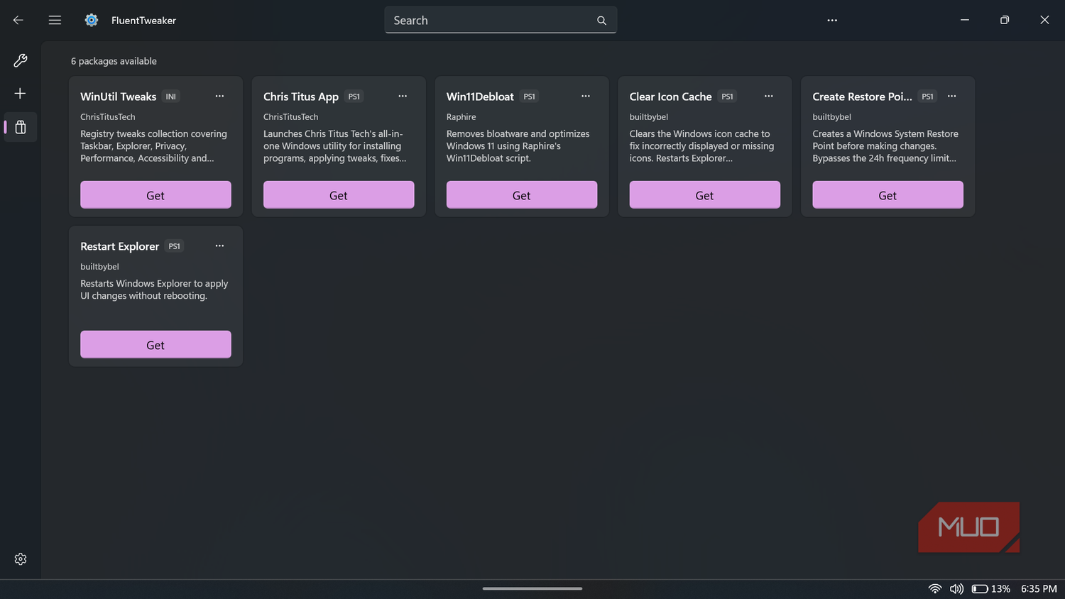 FluentTweaker app showing available system packages