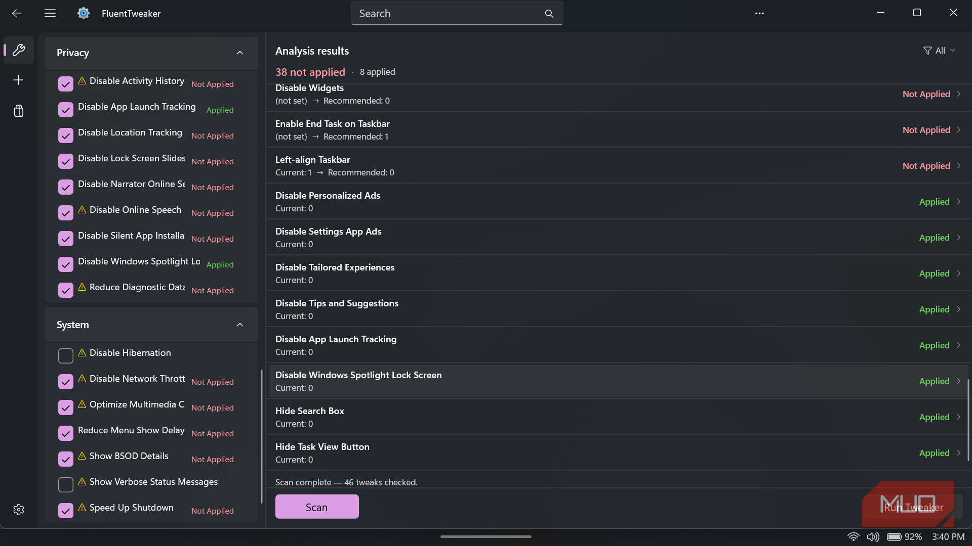 FluentTweaker privacy and system settings interface