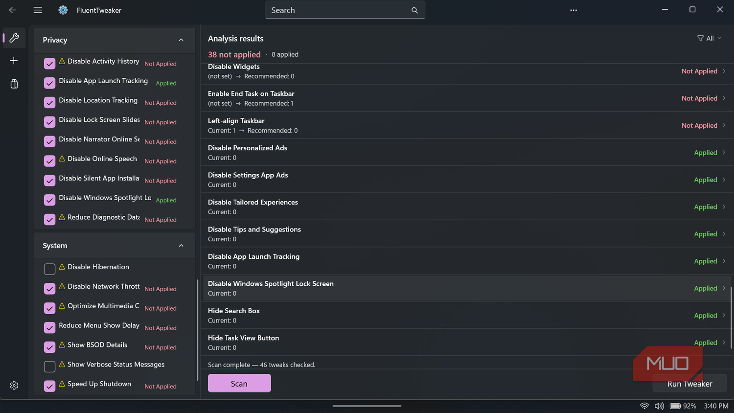 FluentTweaker privacy and system settings interface