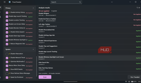 FluentTweaker privacy and system settings interface