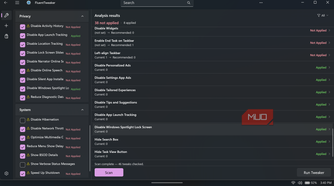 FluentTweaker privacy and system settings interface