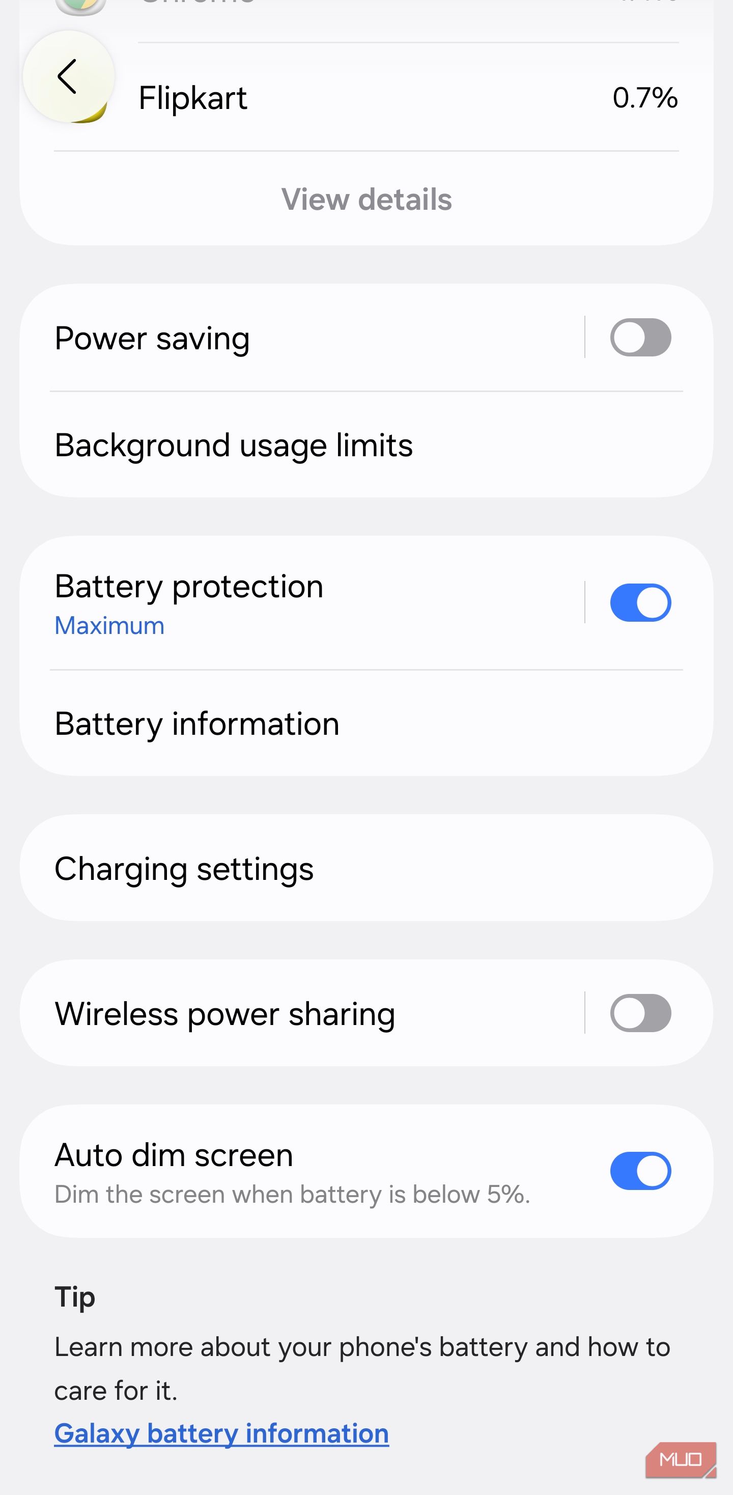 Galaxy Battery settings with background usage limits