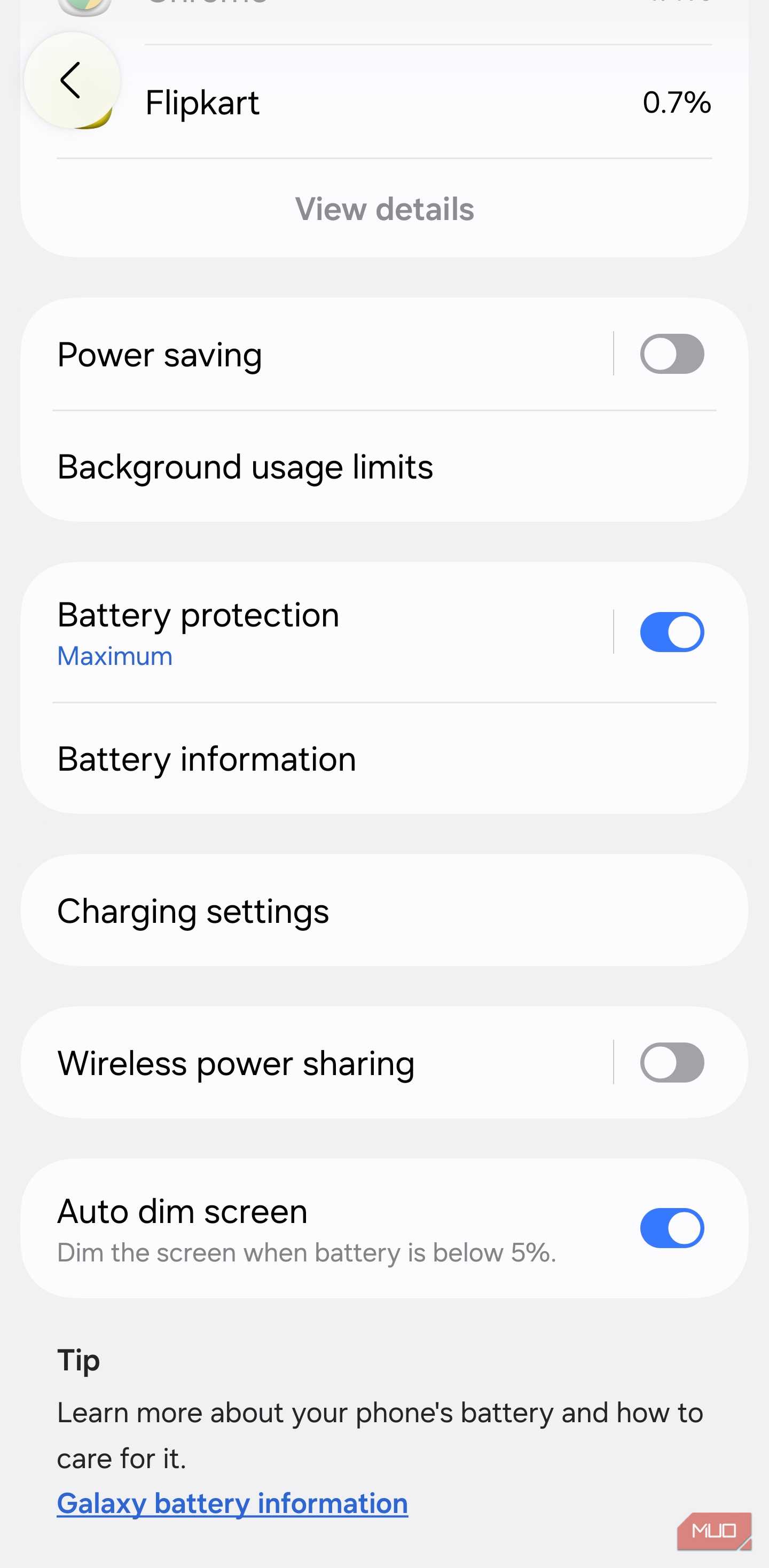 Galaxy Battery settings with background usage limits