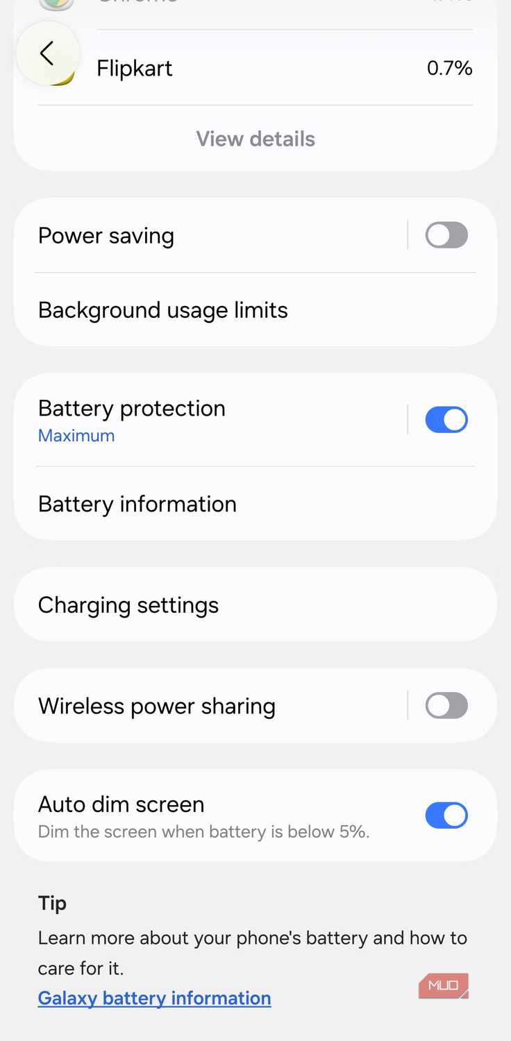 Galaxy Battery settings with background usage limits