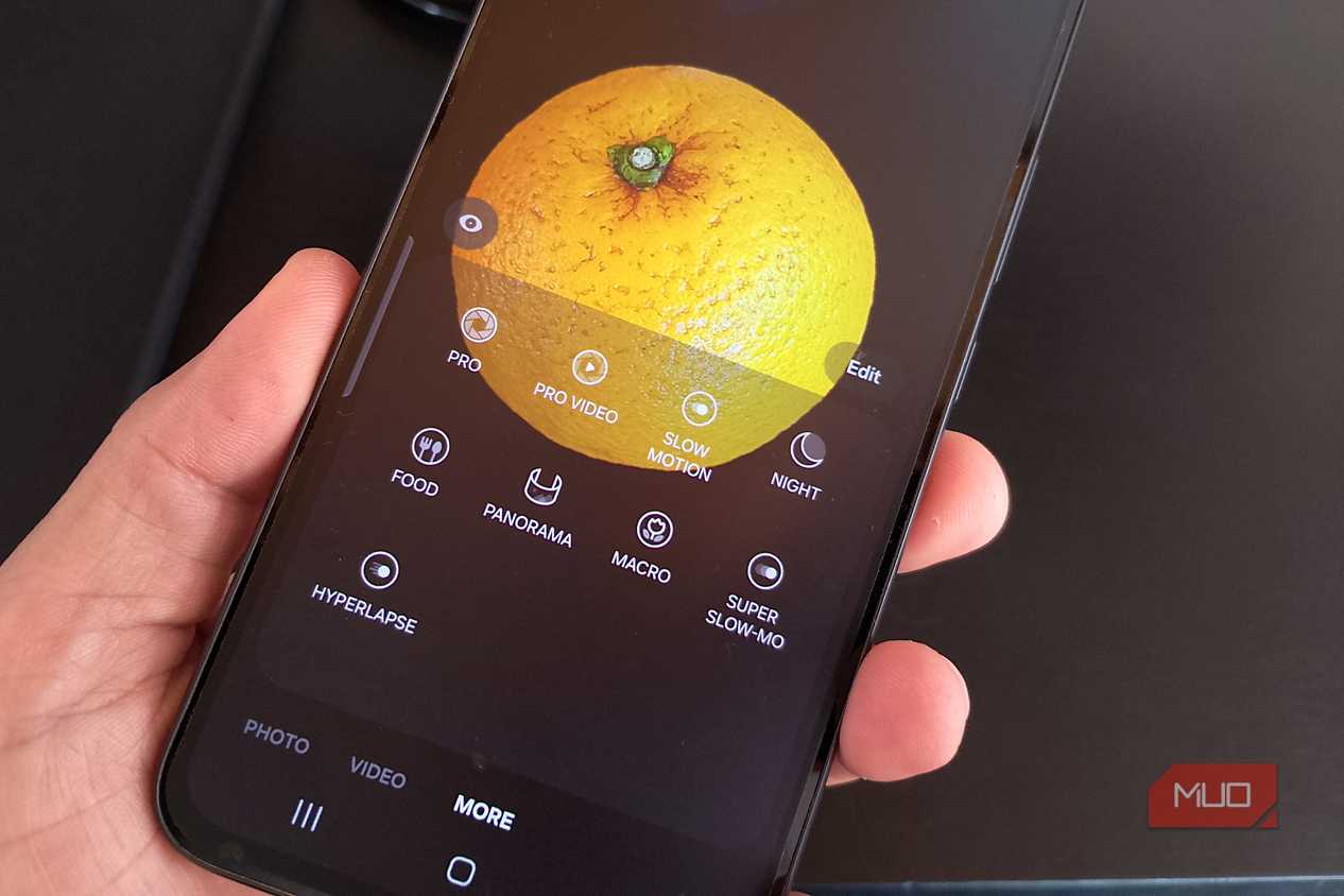 Galaxy phone showing Food mode while taking a pic of an orange