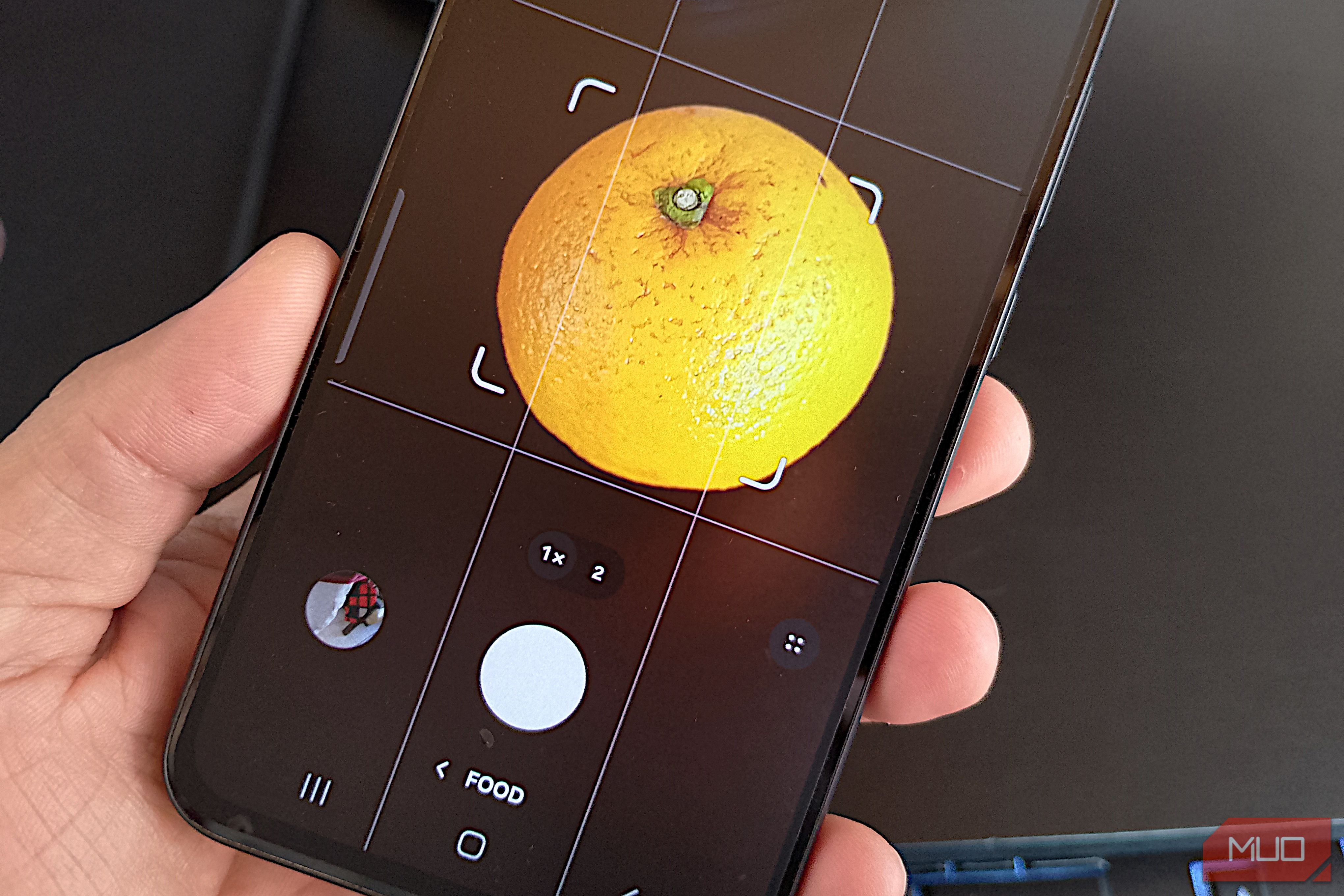 Galaxy phone using Food mode to frame an orange inside the focus area