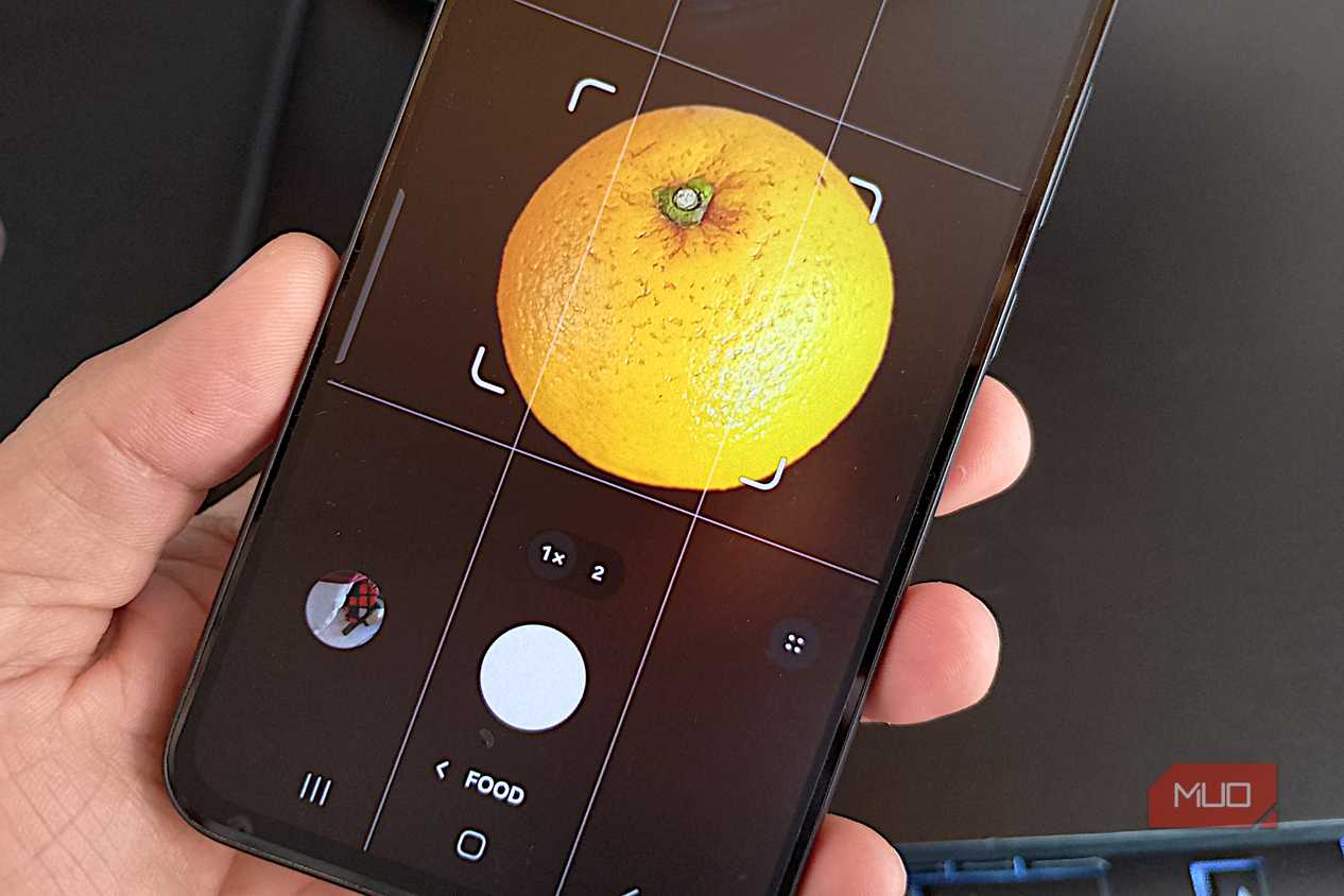 Galaxy phone using Food mode to frame an orange inside the focus area
