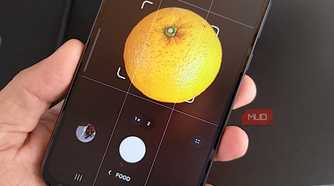 Galaxy phone using Food mode to frame an orange inside the focus area