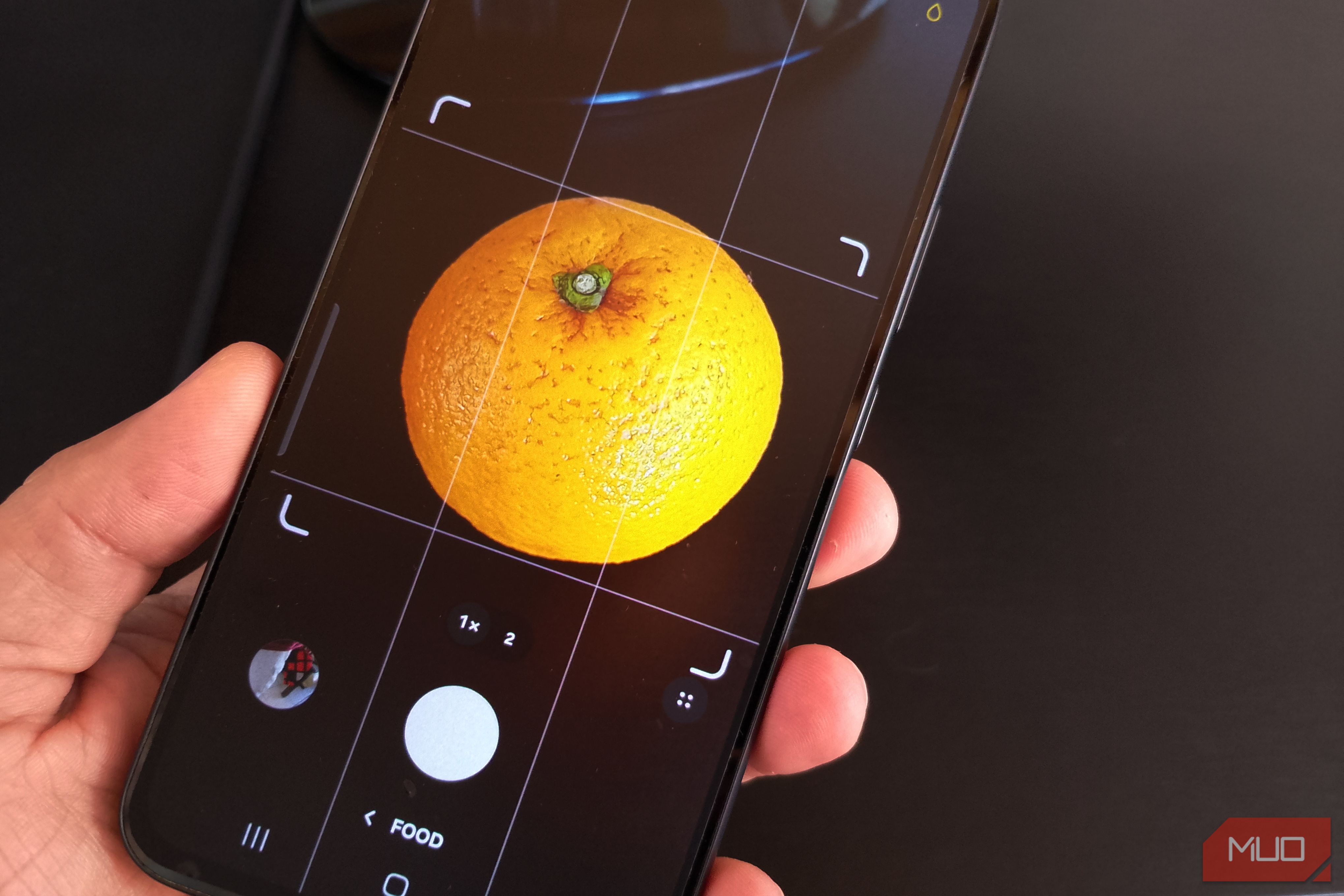Galaxy phone using Food mode to take a pic of an orange inside the adjustable focus area