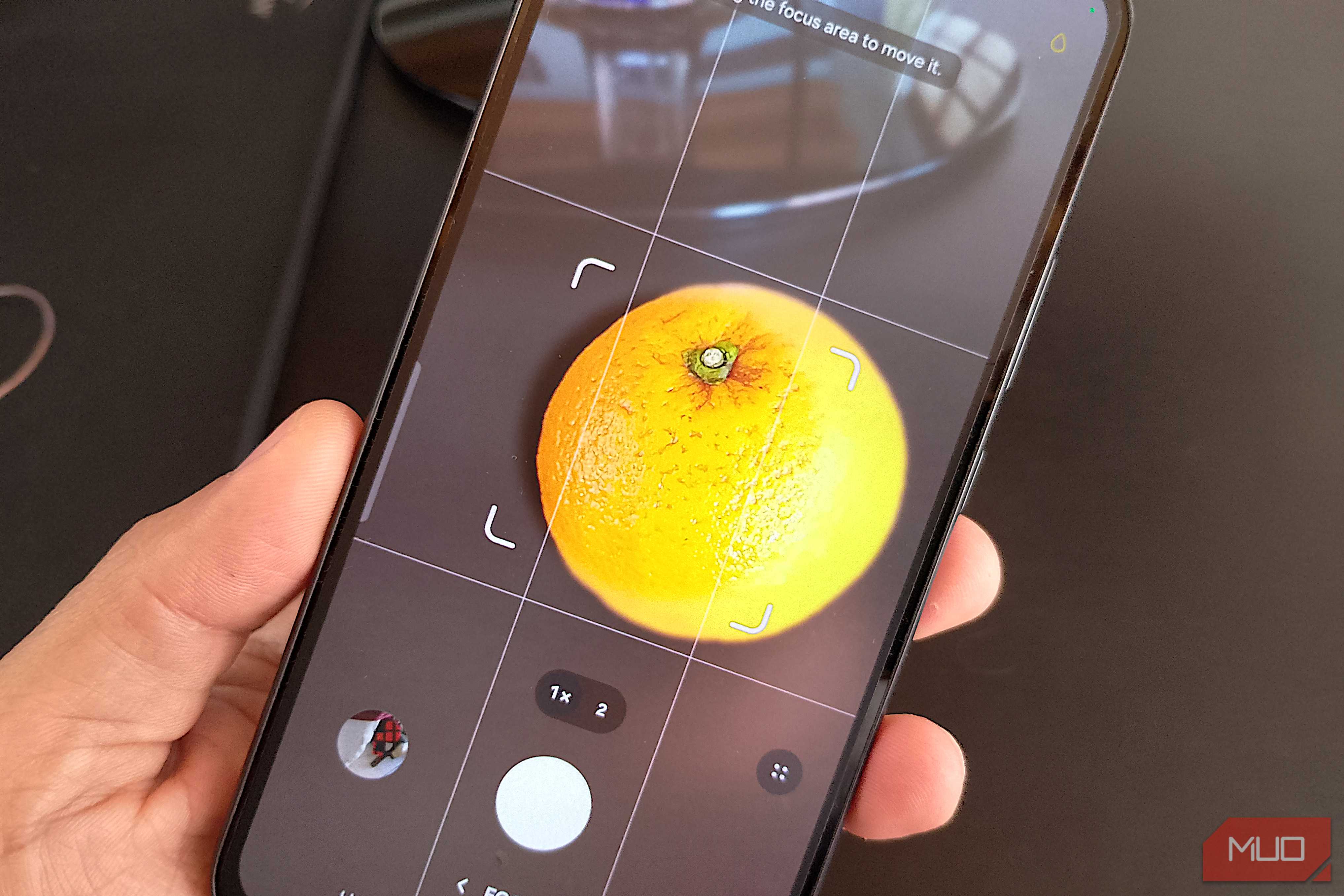 Galaxy phone using Food mode to take a pic of an orange with the adjustable focus area resized around the subject