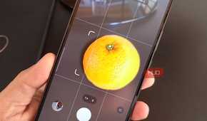 Galaxy phone using Food mode to take a pic of an orange with the adjustable focus area resized around the subject