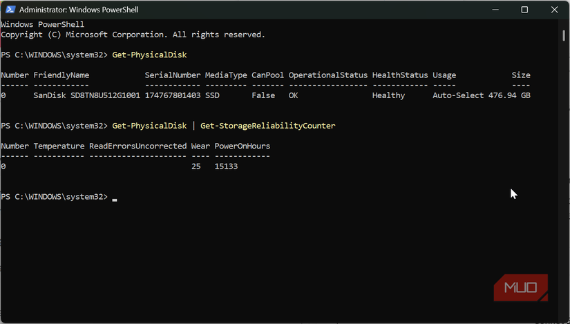 Get PhysicalDisk command on PowerShell