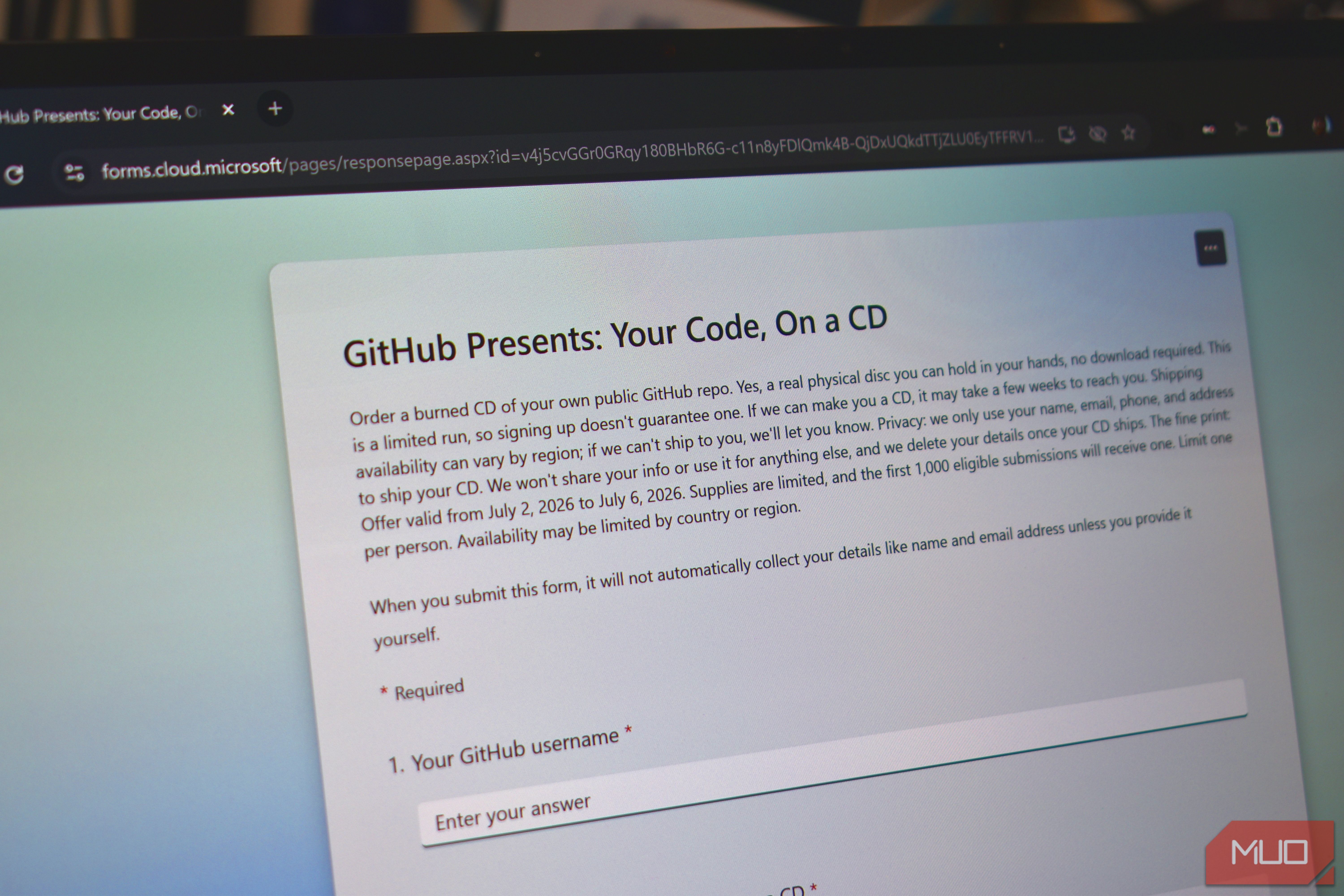 github cd backup form on laptop screen.