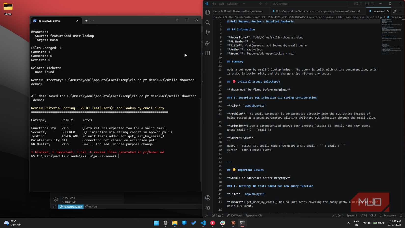 GitHub-pr skills command prompt and report.