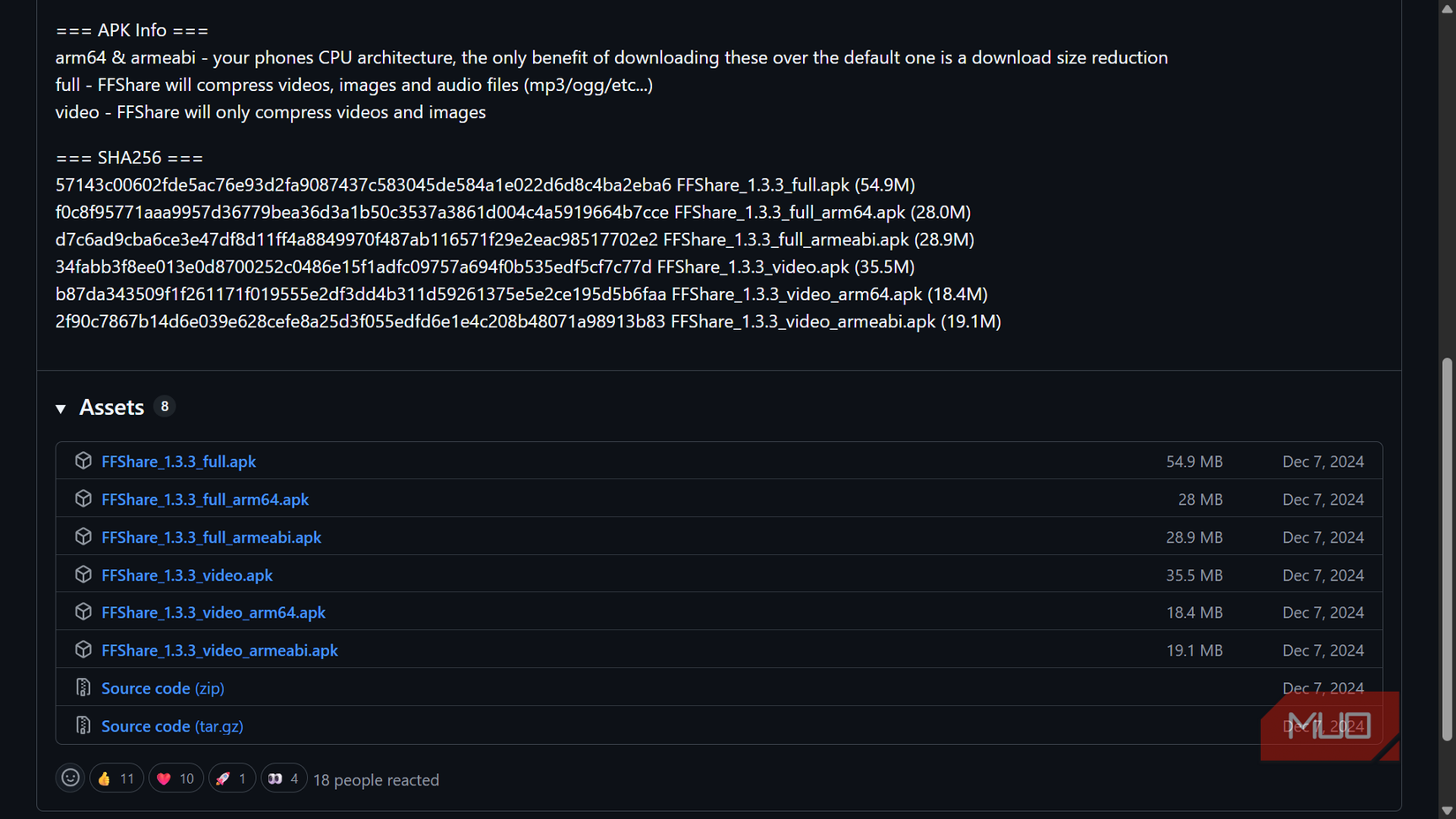 GitHub release assets showing FFShare APK file downloads.