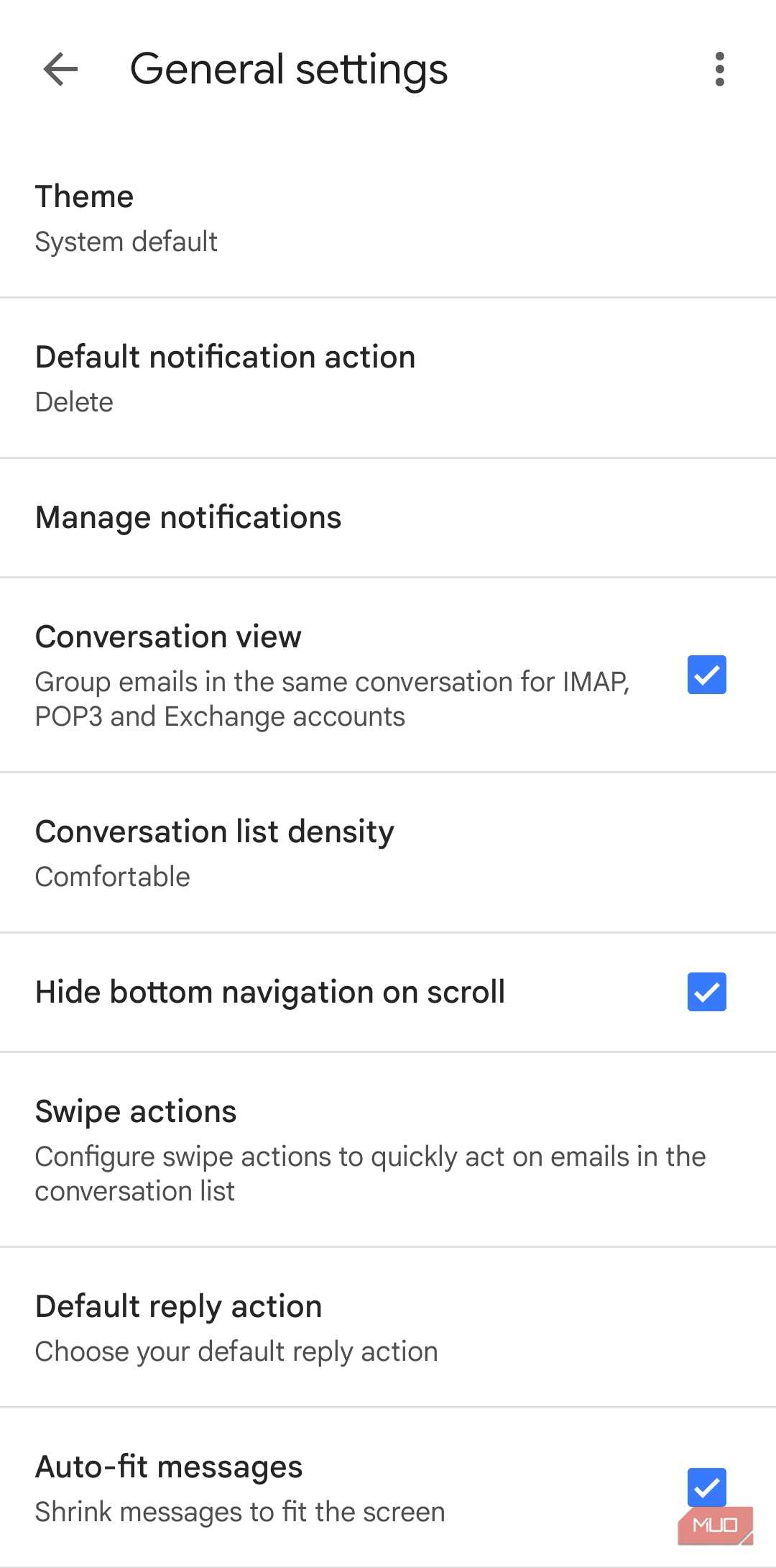 Gmail app general settings menu on Android phone